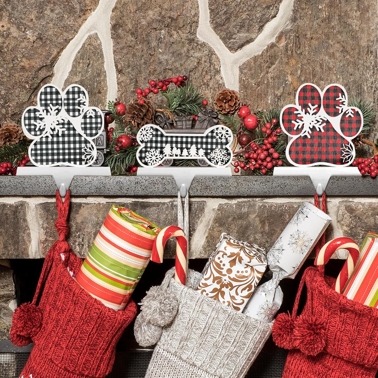 Hicarer Set of 4 Dog Paw Christmas Stocking Holder for Mantle Dog Bone Metal Wooden Stocking Hanger for Fireplace Mantel Decorations Holiday Party