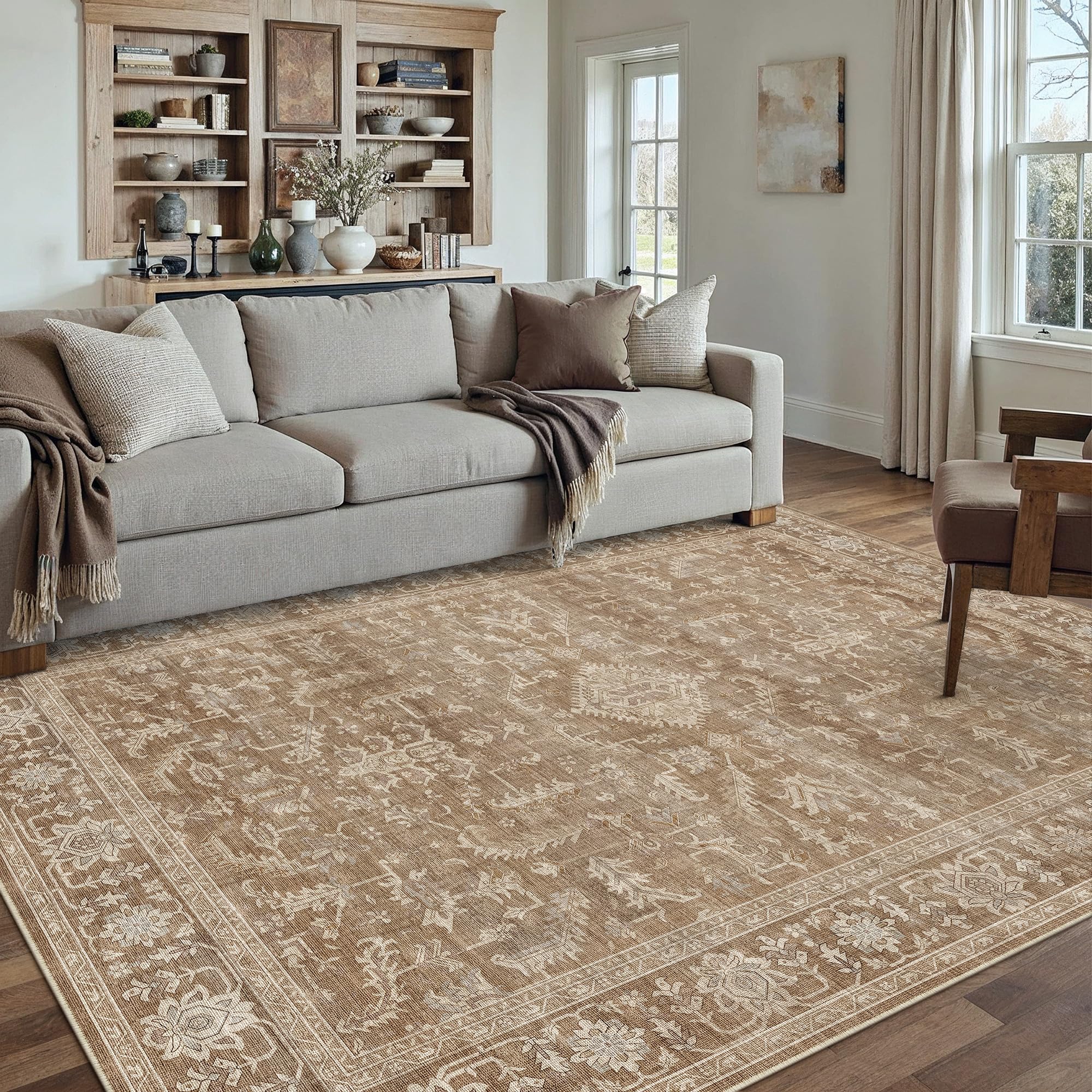 purecozy 6x9 brown area rug vintage washable living room boho carpet non slip bedroom indoor office low pile large traditional distressed retro accent rug for dining room bathroom office kitchen dorm