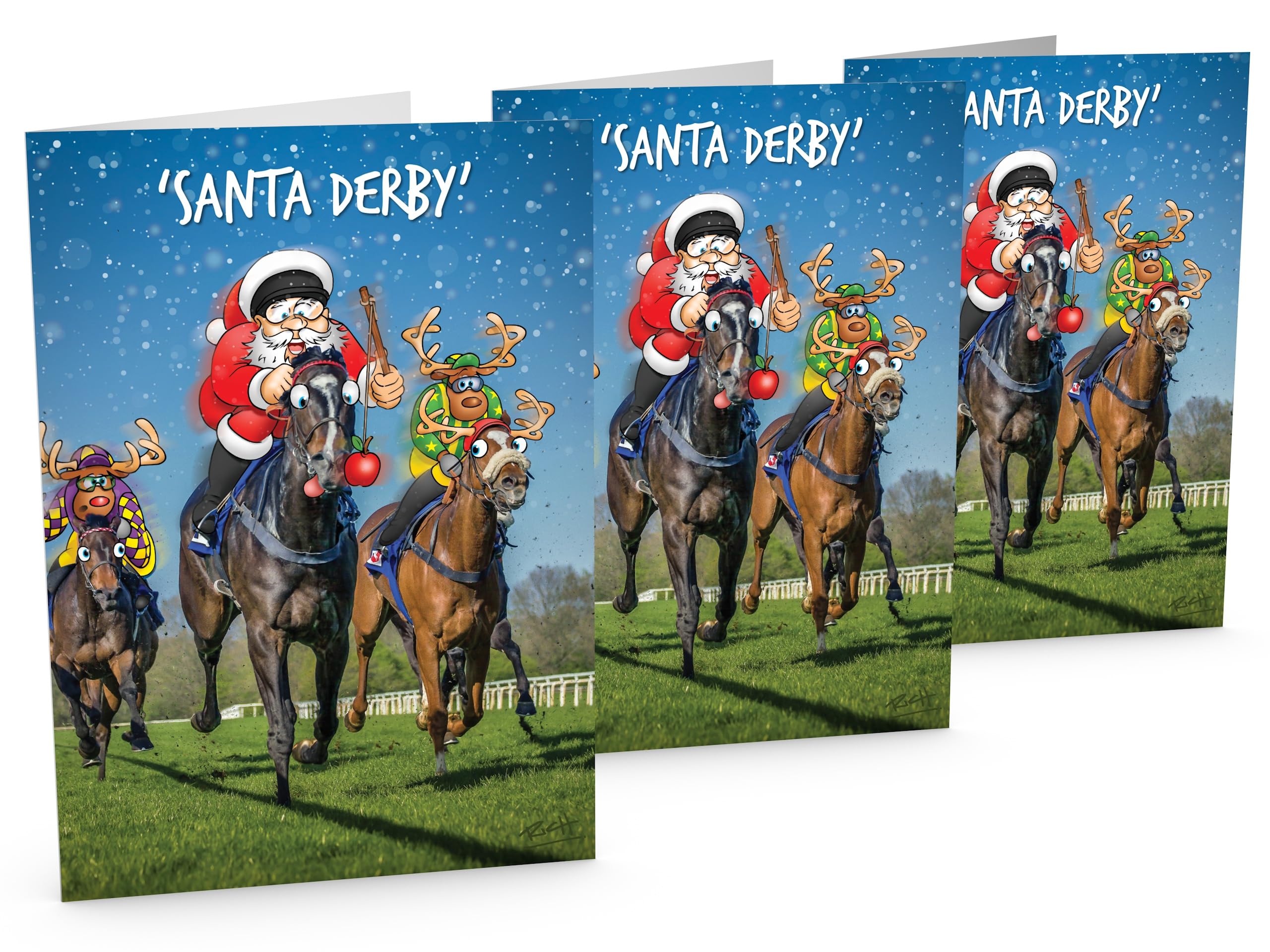 STREET SANTA - Santa Derby Christmas Cards - Pack of 3 - Santa Winning Horse Race - Large A5 Greeting Cards - Gloss Finish - Blank Inside - Funny Holiday Cards for Racing Fans