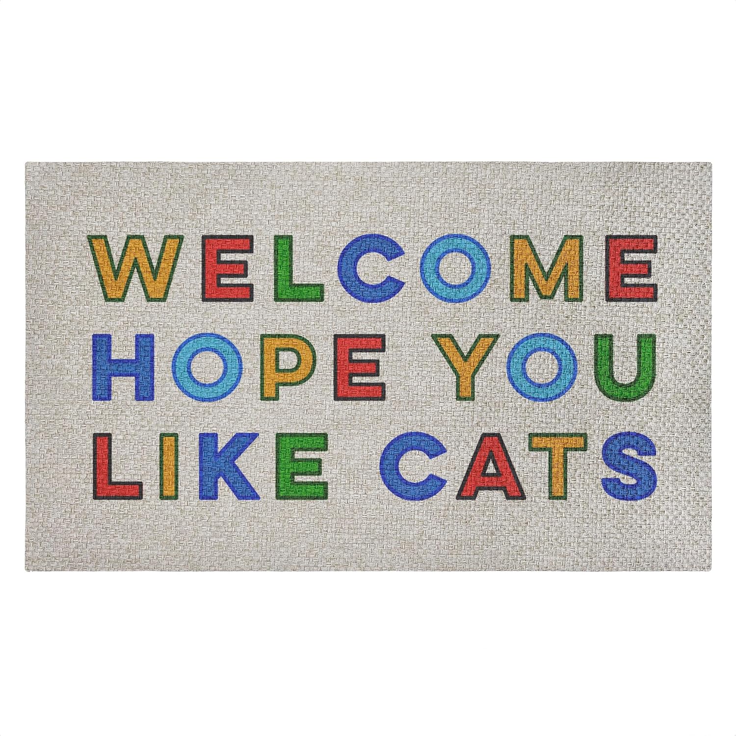 Stupell Industries Hope You Like Cats Greeting Outdoor Door Mat, Durable Non-Slip Woven Natural Texture Mat with Recycled Rubber Backing, Weather-Resistant Cat Lover Entry Design by Lil' Rue, 18"x30"