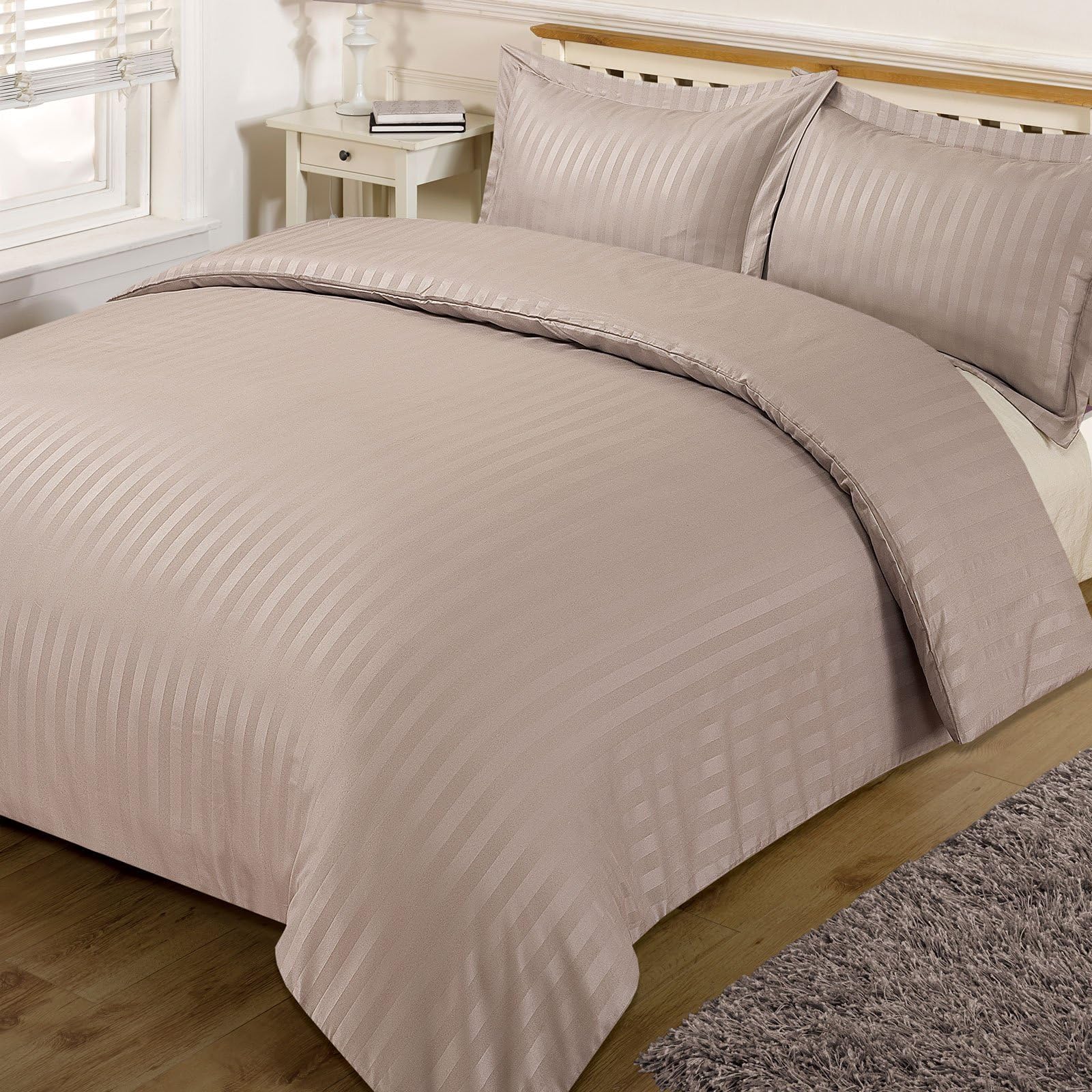 Dreamscene Satin Stripe Beautiful Soft Fresh Comfortable Simple Eyecatching Duvet Cover Bedding Set, Mink - King