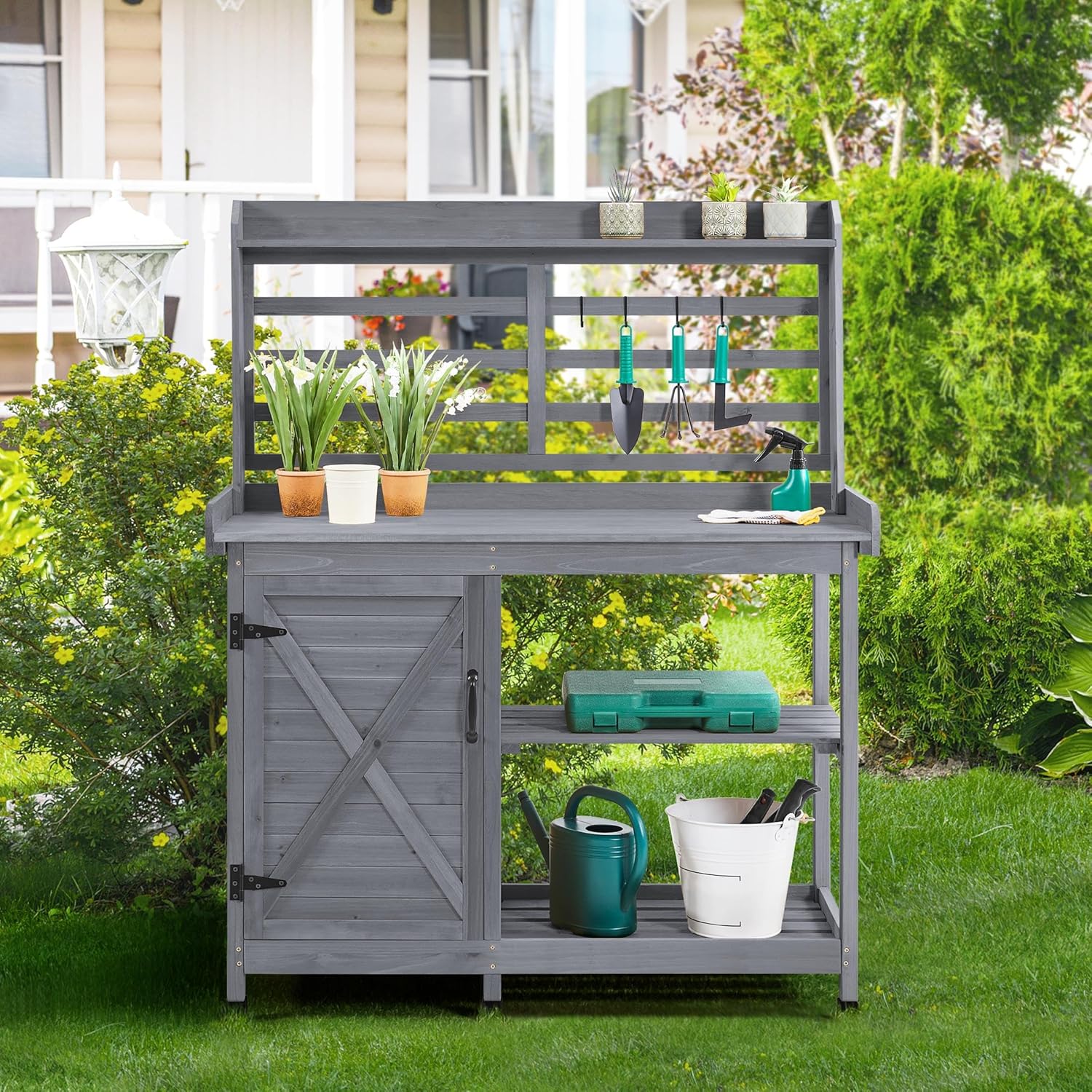 Potting bench with hooks for tools