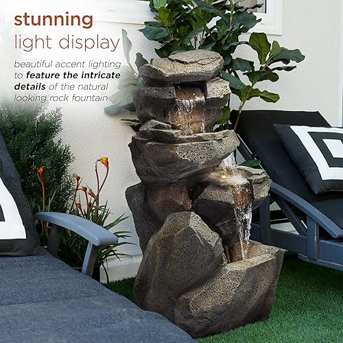 Miniatura 5 de Alpine Corporation WIN1184 Fuente de cascada de roca de 5 niveles con luces LED con aspecto de piedra natural, 40 pulgadas, gris