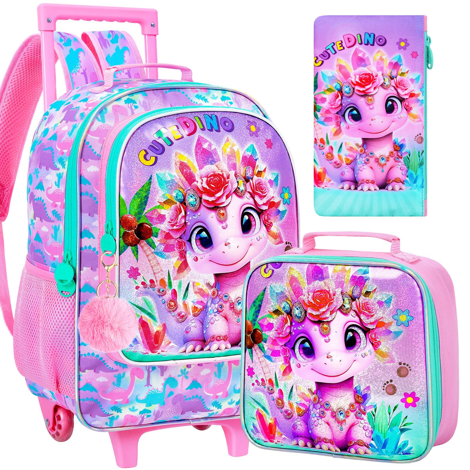 3Pcs Rolling Backpack for Girls, Kids Roller School Backpack with Wheels, Dinosaur Wheeled Bookbag for Elementary Preschool Kindergarten(Pink)