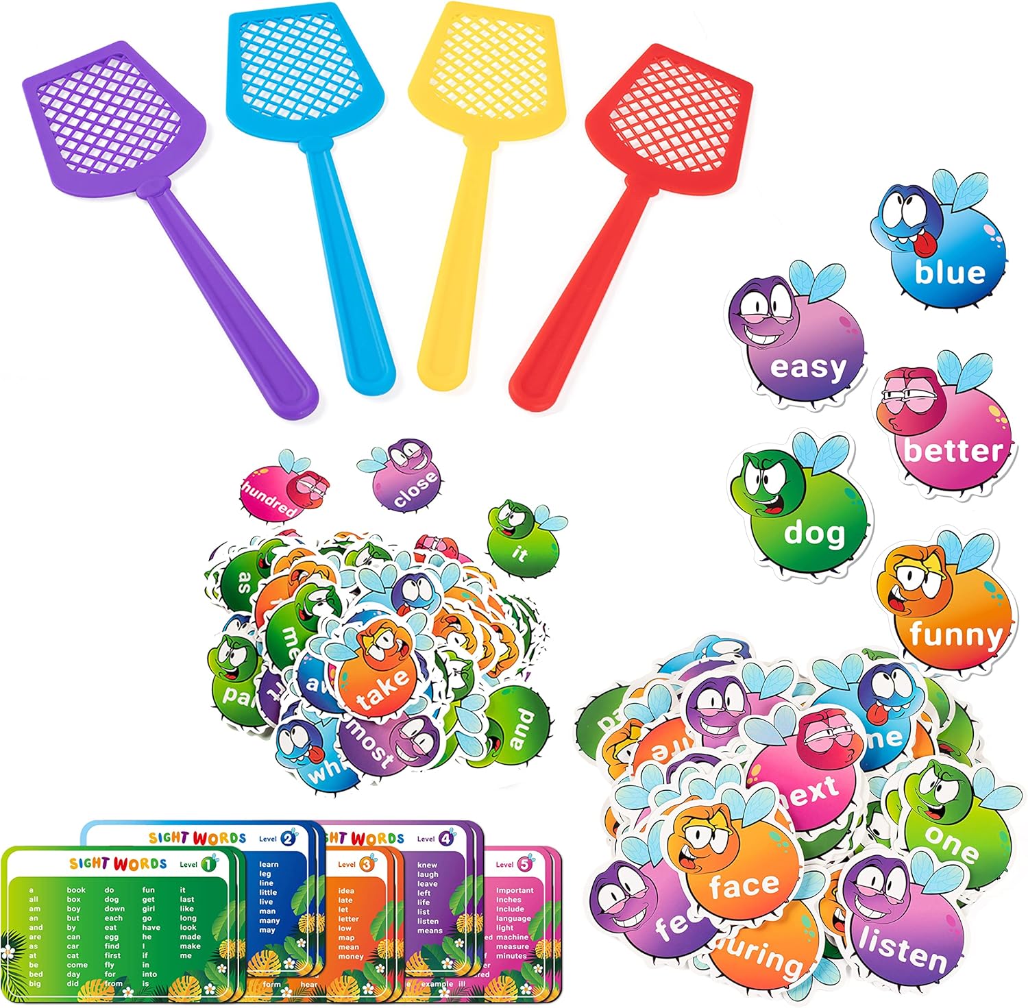 Sight Words Swat Game with 400 Fry Site Words and 4 Fly Swatters Set