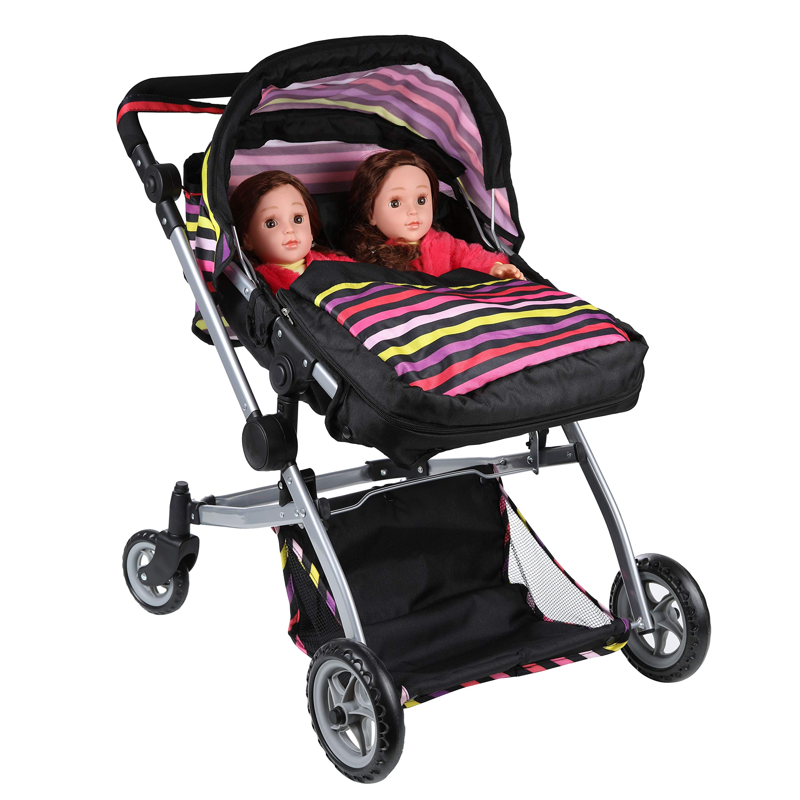 Mommy & Me Babyboo Twin Doll Stroller Foldable Double Doll Pram Deluxe Little Marcel Look with