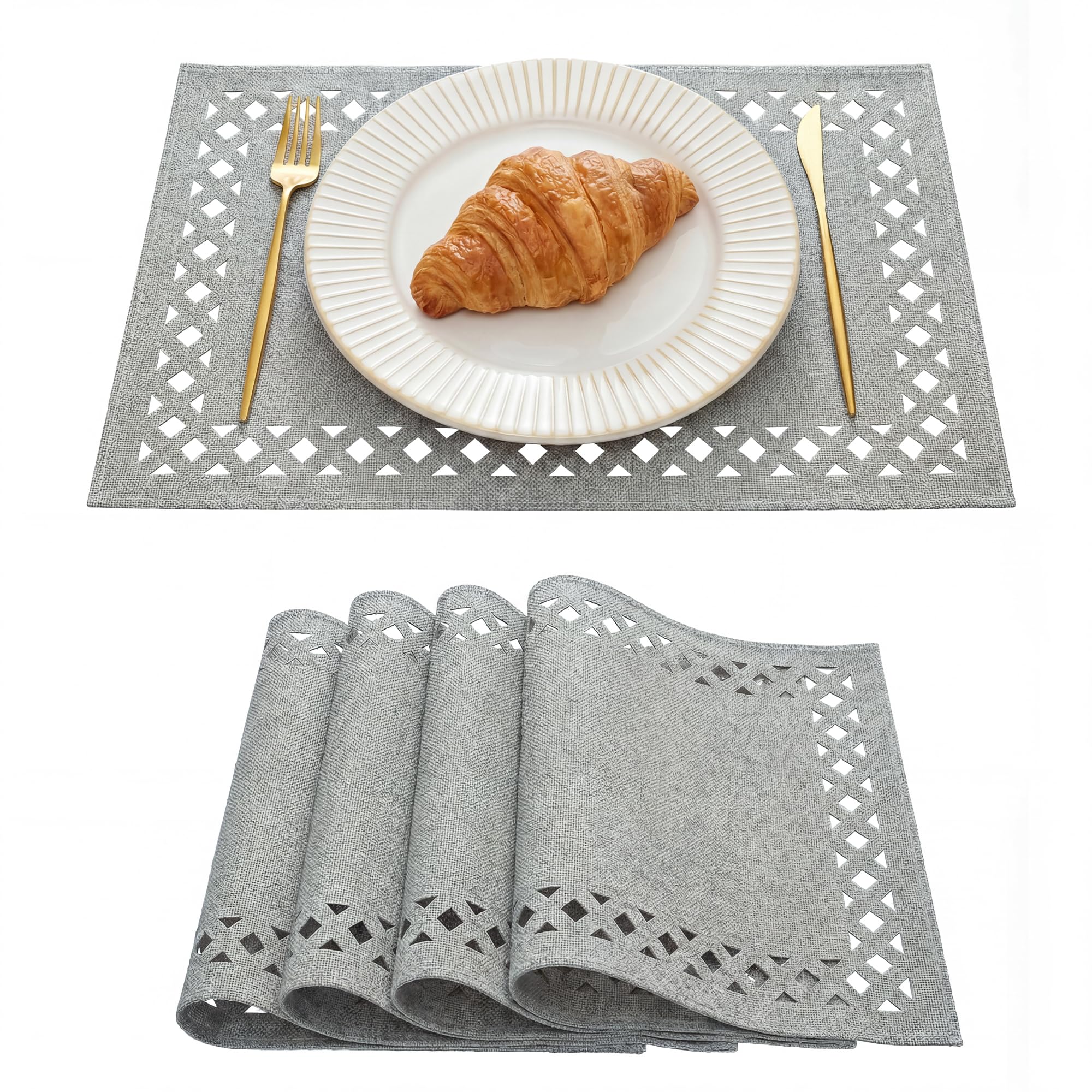 Artoid Mode Light Grey Geometric Hollow Linen Placemats 30 x 45 cm Set of 4