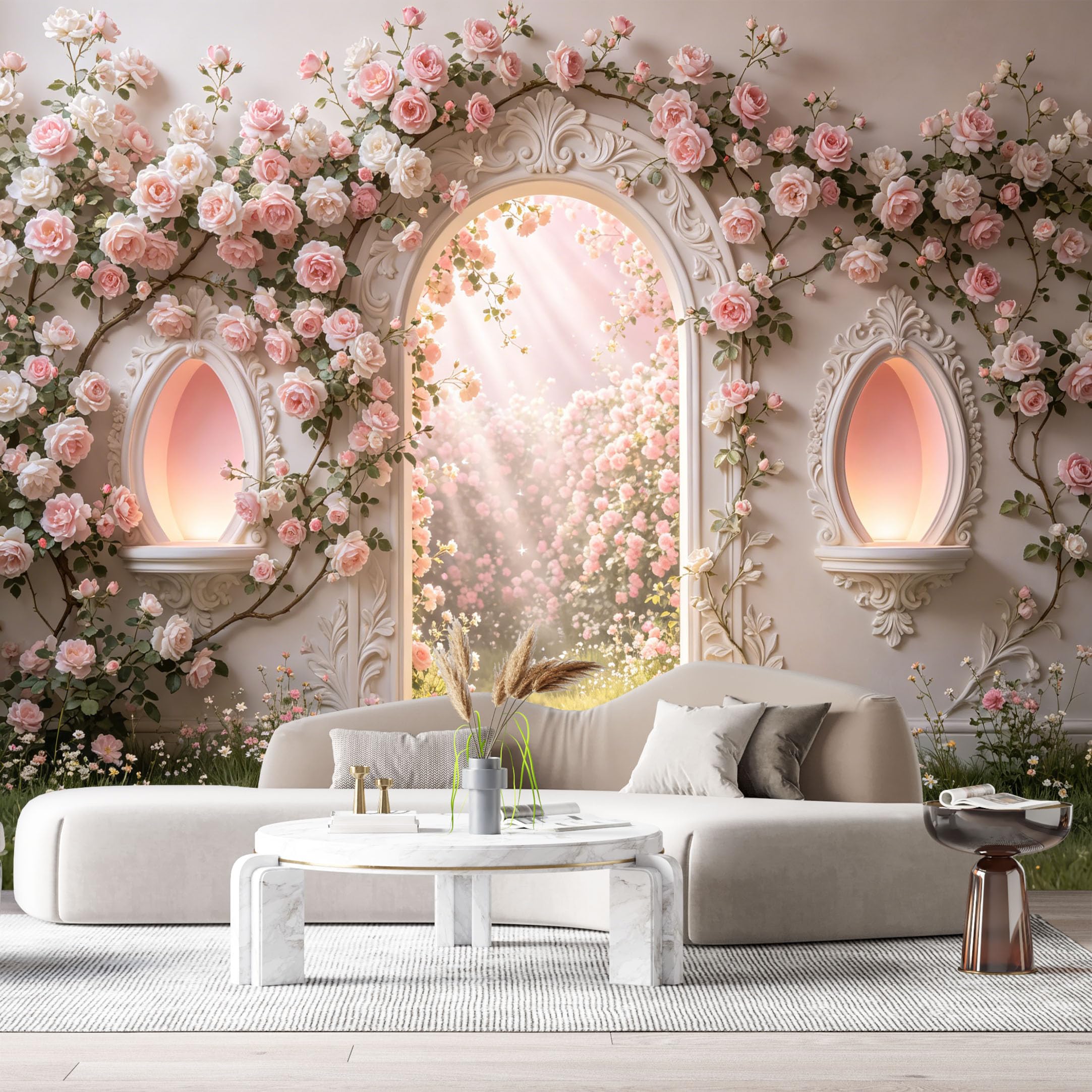 Custom Size Wall Murals Fantasy Archway Roses Botanical 3D Trompe L'Oeil SelfAdhesiveWall Fabric Removable Wallpaper Wall Decor for Living Room Bedroom Bathroom