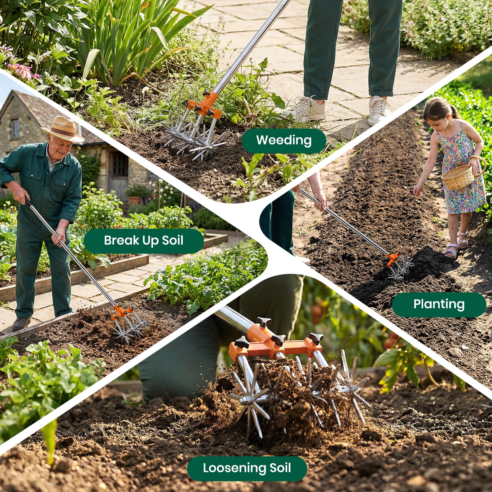 Kreiselgrubber, Garten Kultivator mit Einziehbarer 173cm-Langstiel Sternfräse Garten mit Abnehmbaren Zinken Edelstahl Gartengrubber Rotary Cultivator Garden Rotary Tiller zur Bodenmischung