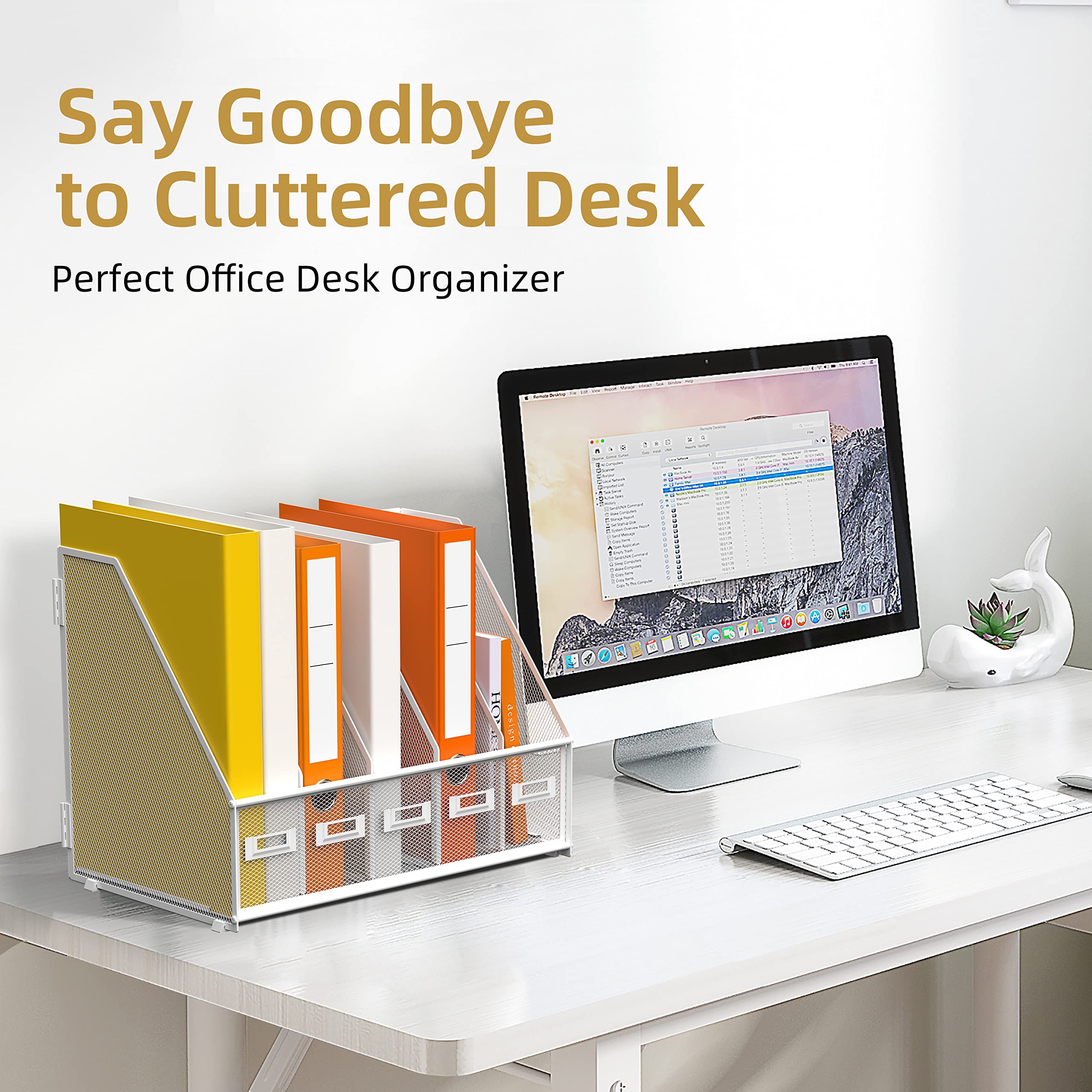 DALTACK Desk Organizers Magazine Binder Folder Holder with 5 Vertical Compartments File Organizer for Office Home School Organization, Metal Mesh, White - Image 4