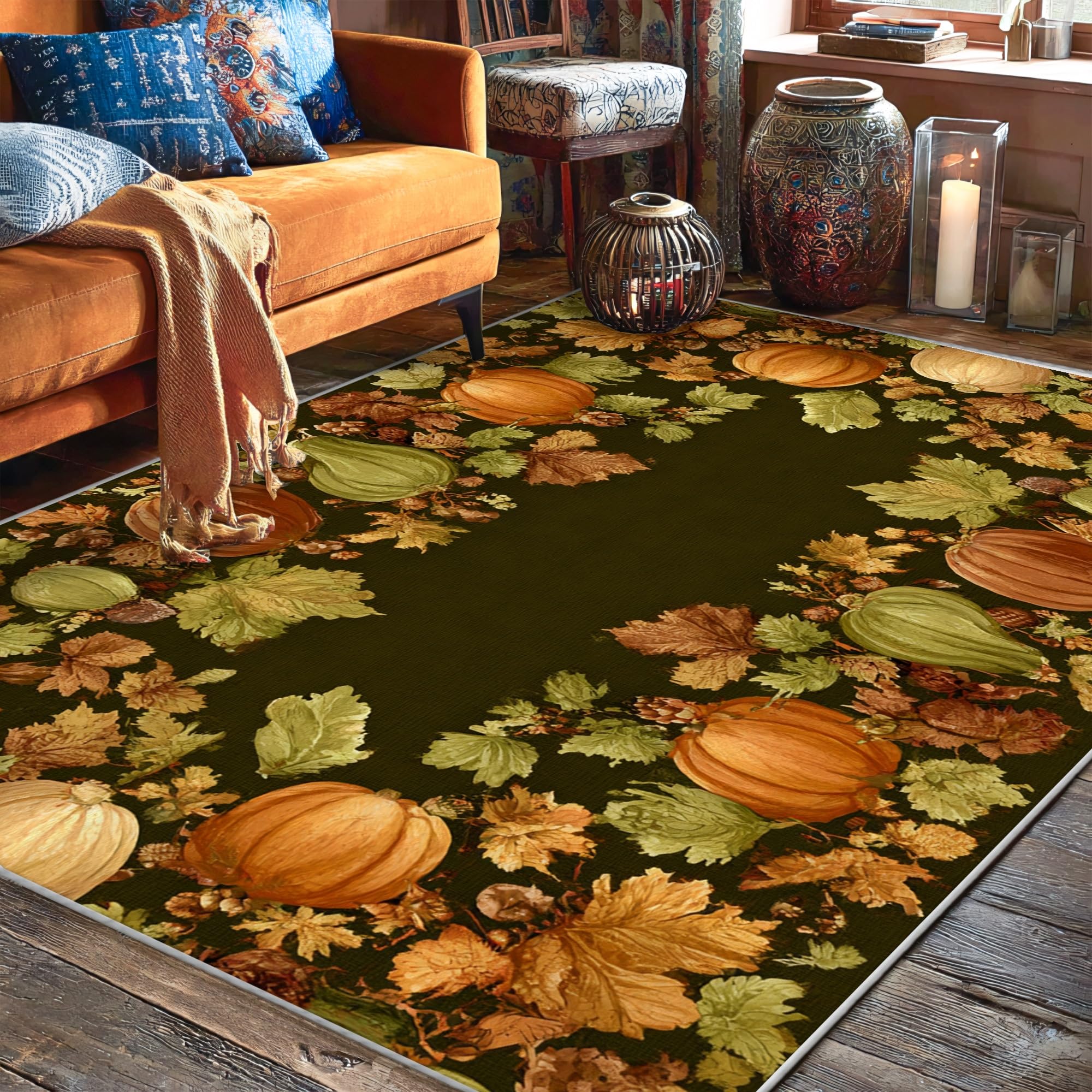 Tapis citrouille rustique 1,5x2,1m avec envers antidérapant pour grand salon et chambre