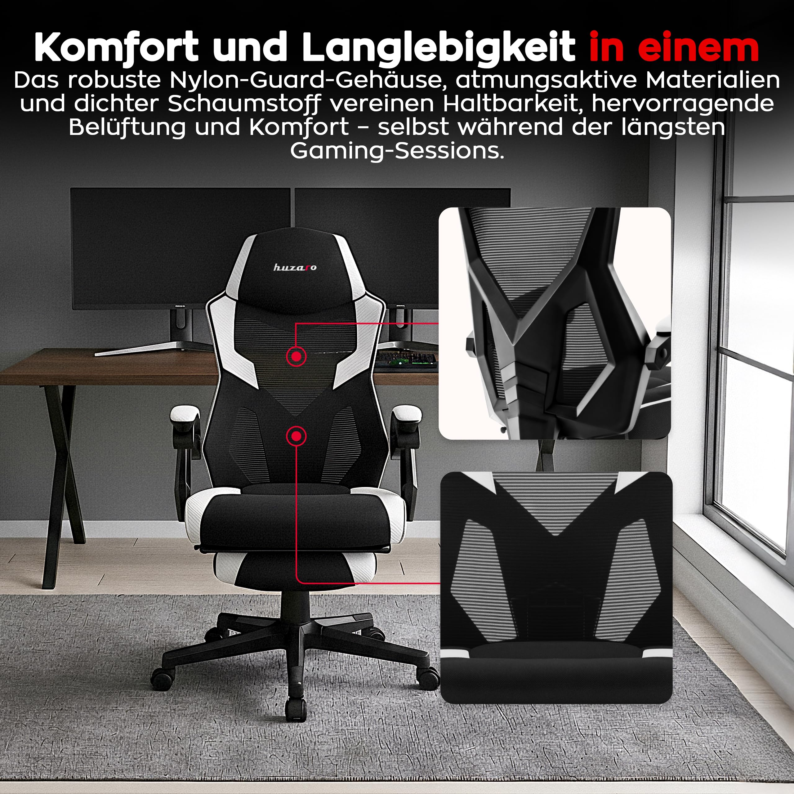 huzaro Combat 3.1 krzesło biurowe dla graczy, ergonomiczne krzesło z podnóżkiem, regulowane oparcie 135°, oddychająca siatka, obciążenie do 150 kg, ciche kółka, kolor biały