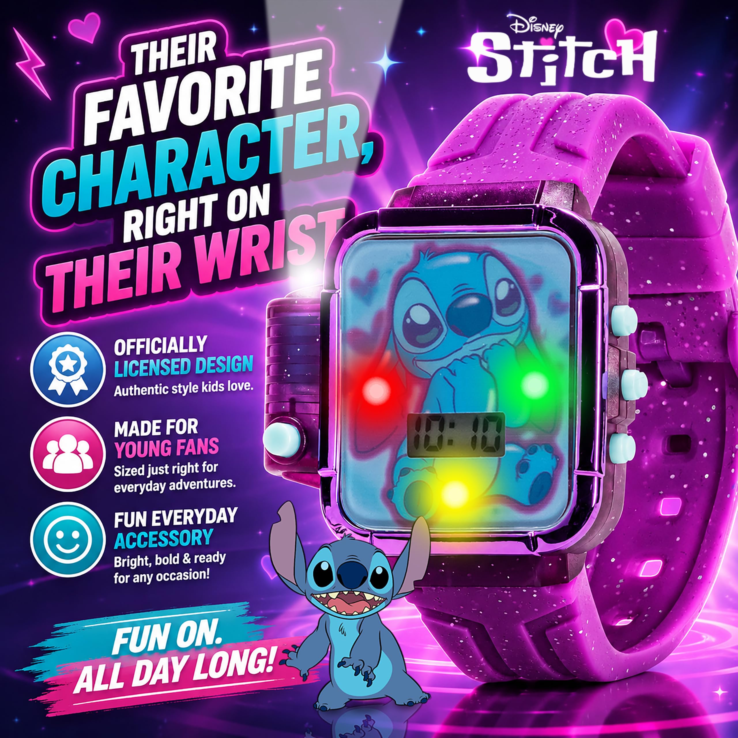 Disney Stitch - Orologio LCD per bambini con luce LED, torcia e cinturino | Display a LED luminoso, cinturino con caratteri stampati, design resistente all'acqua e vestibilità regolabile per polsi da