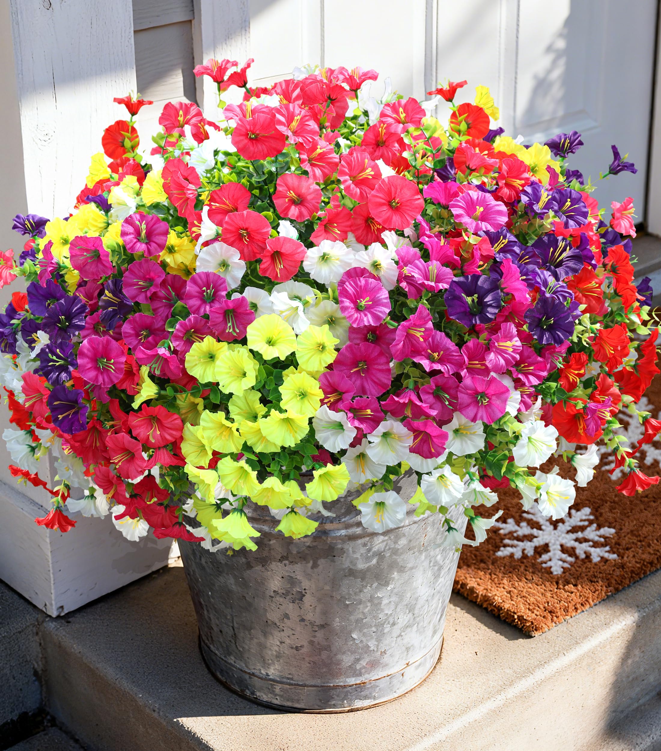 Artificial Flowers Fake Plants for Outdoors Decoration, 12 Bundles Silk Morning Glory with Eucalyptus Realistic UV Resistant Faux Flowers for Outside Planter Porch Yard Patio Garden Home Indoor, Mix