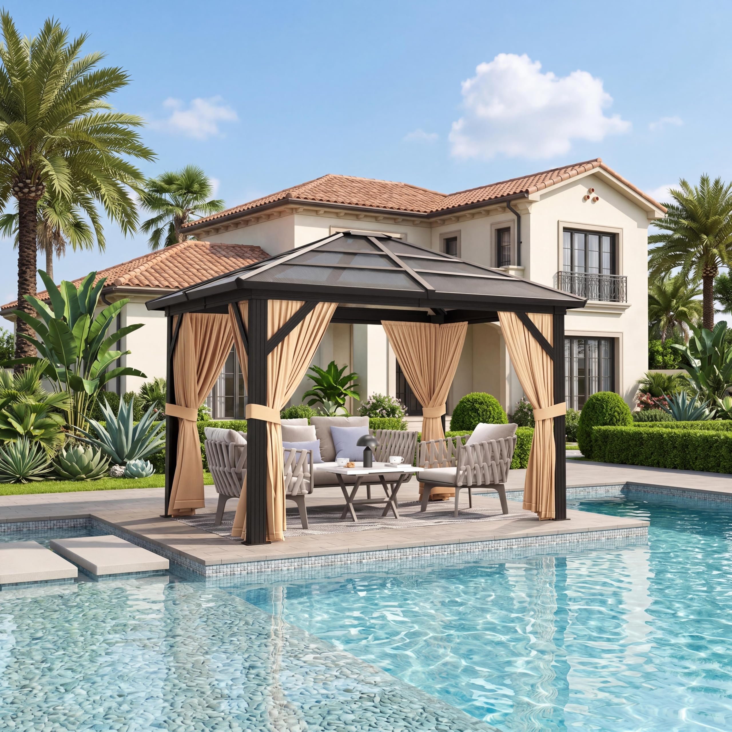 Condition photo showing New/Like New for gaomon 10x12ft gazebo, hardtop outdoor canopy aluminum frame permanent gazebo with netting and curtains, polycarbonate garden tent for patio, lawn, backyard, deck (10'x12')