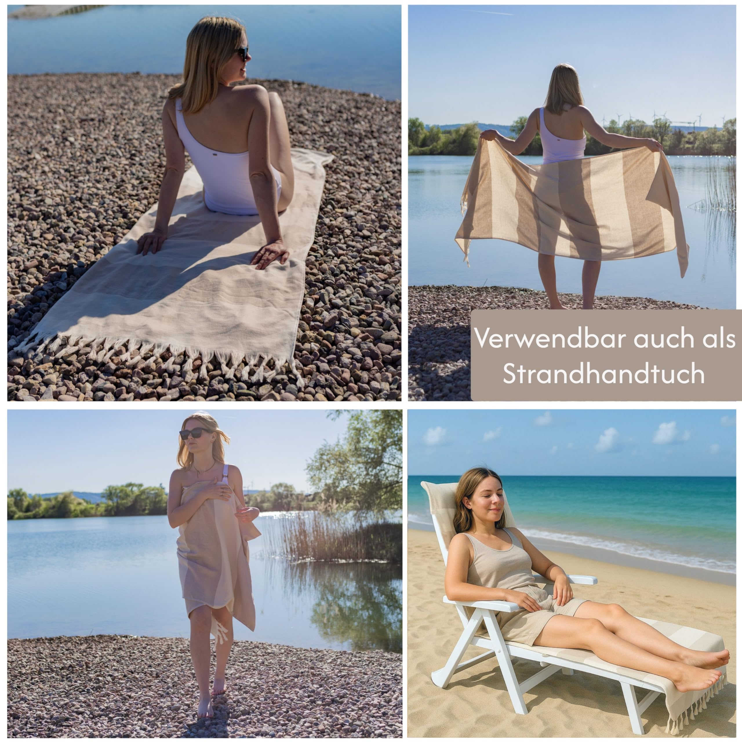 Handtuch für Sonnenliege 200x70cm - mit Kapuze 100% Baumwolle Schonbezug für Gartenliege Liegenhandtuch mit Umschlag Liegestuhl Bezug Liege Strandliege (Braun/Natur)