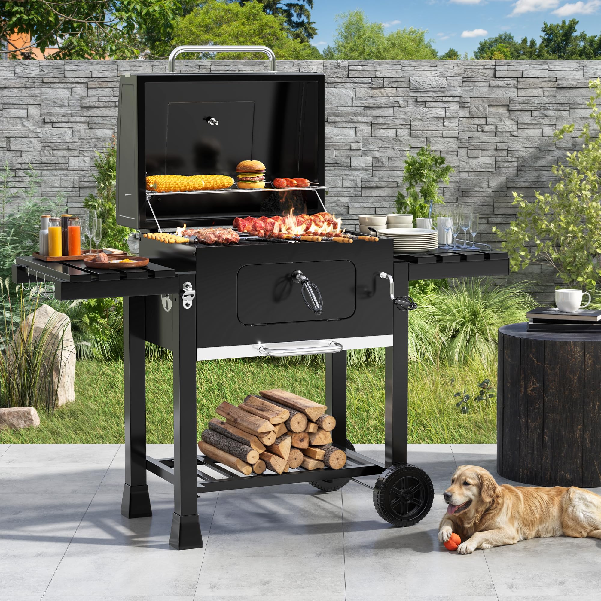 Grill węglowy, wytrzymały, z rusztem żeliwnym i regulowaną tacą na węgiel, przenośny, do ogrodu, na kemping, imprezy na świeżym powietrzu, zawiera żaroodporne rękawice i szczypce do grilla