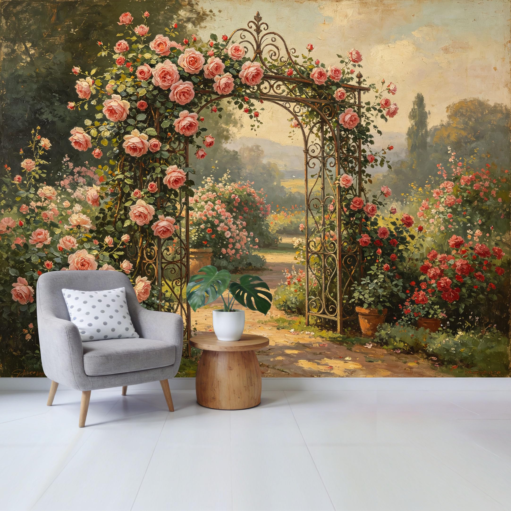 Qzlithotic Yq2605250423 Custom Size Wall Mural Romantic Pink Rose Archway Garden Oil Painting Floral Botanical Selfadhesive Wall Fabric Removable Wallpaper For Home Office Decor