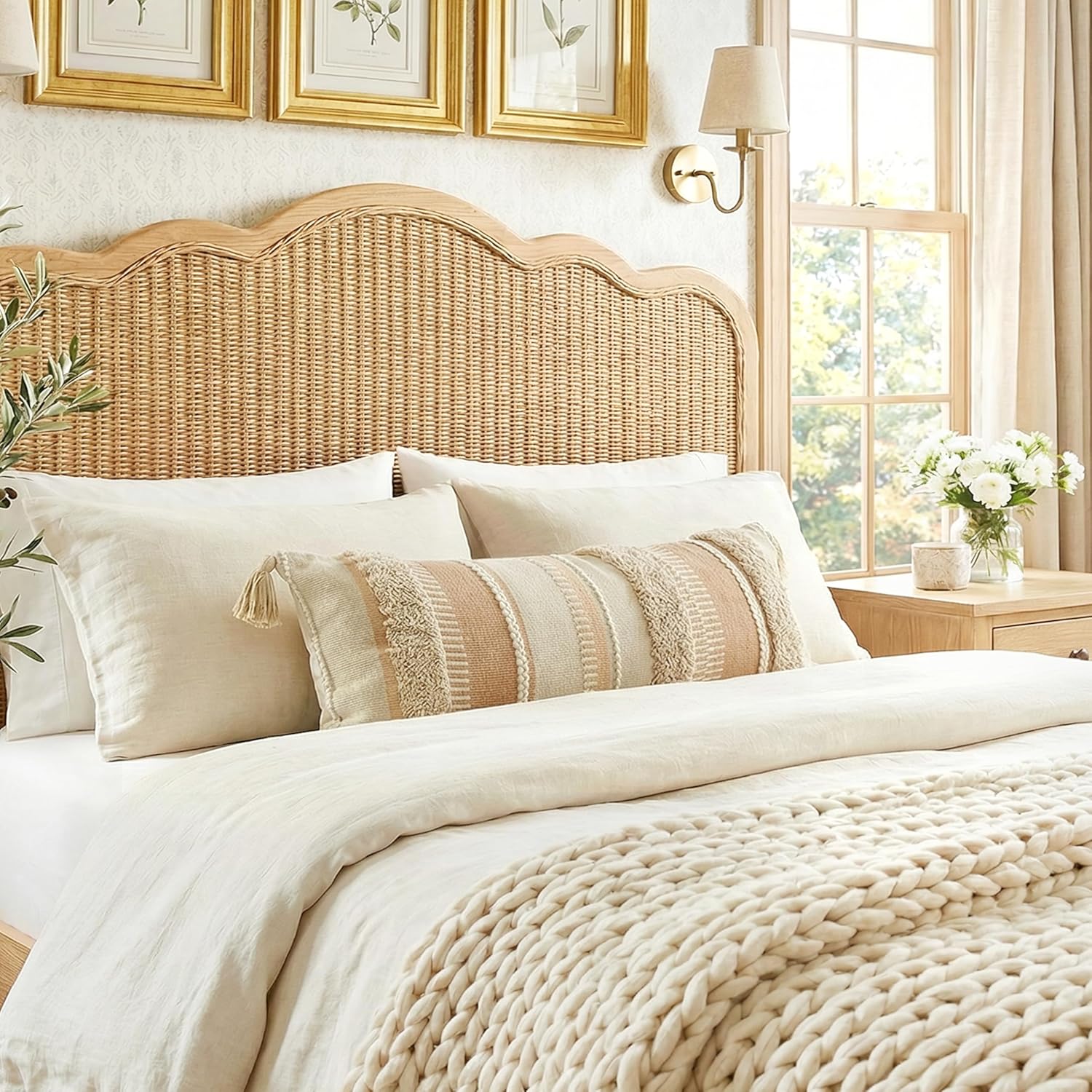 BlissBlush Decorative Lumbar Pillow Cover 14x36 for Bed, Neutral Cream Boho Long Accent Pillow with Tassels, Beige Rectangular Cushion for Couch Sofa Bench Bedroom (Cover Only)