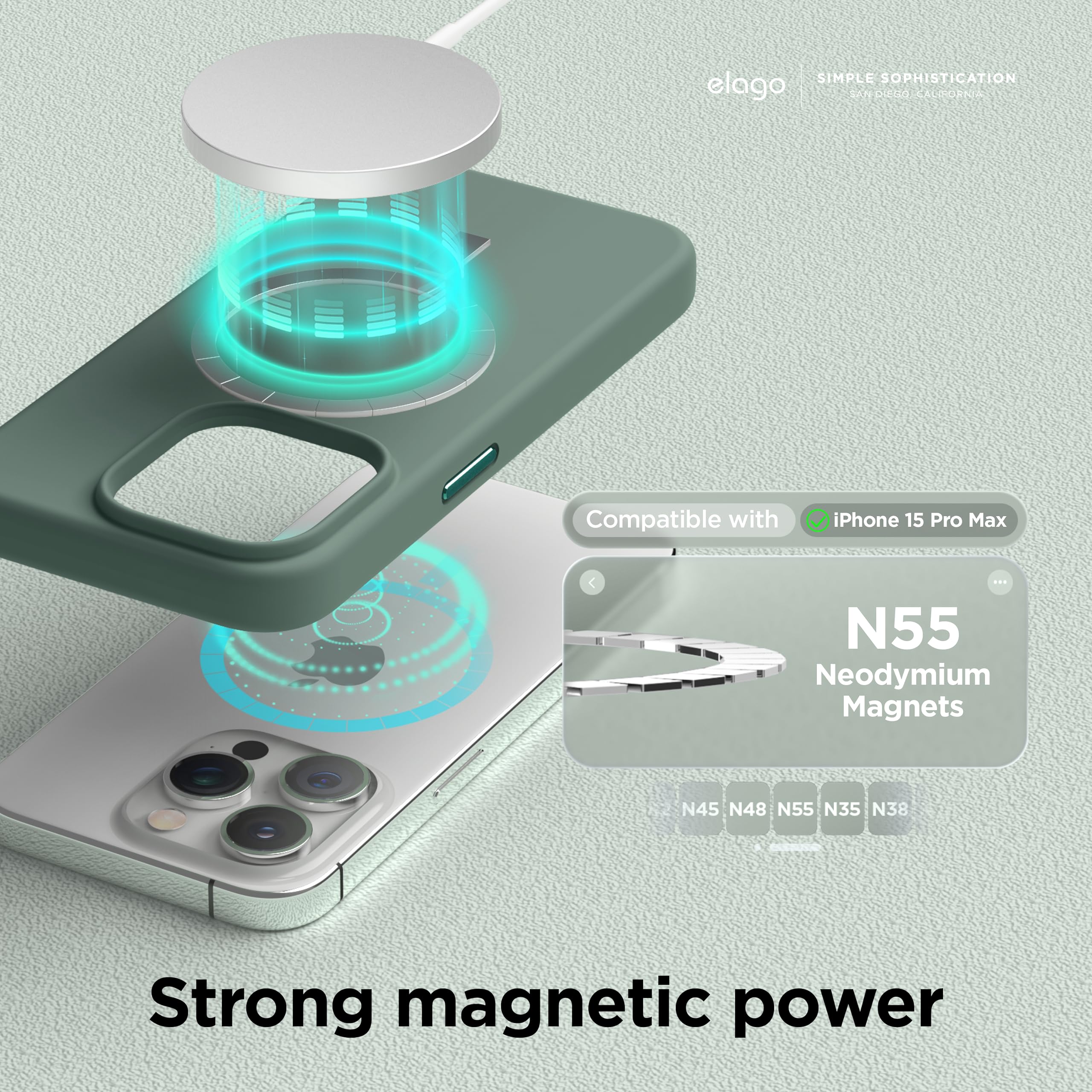 elago Cover Magnetica in Silicone Compatibile con iPhone 15 Pro Max Custodia, Compatibile con Accessori MagSafe, Magneti Integrati, Silicone Premium, Protezione [Struttura a 5 Strati] (Verde Notte)