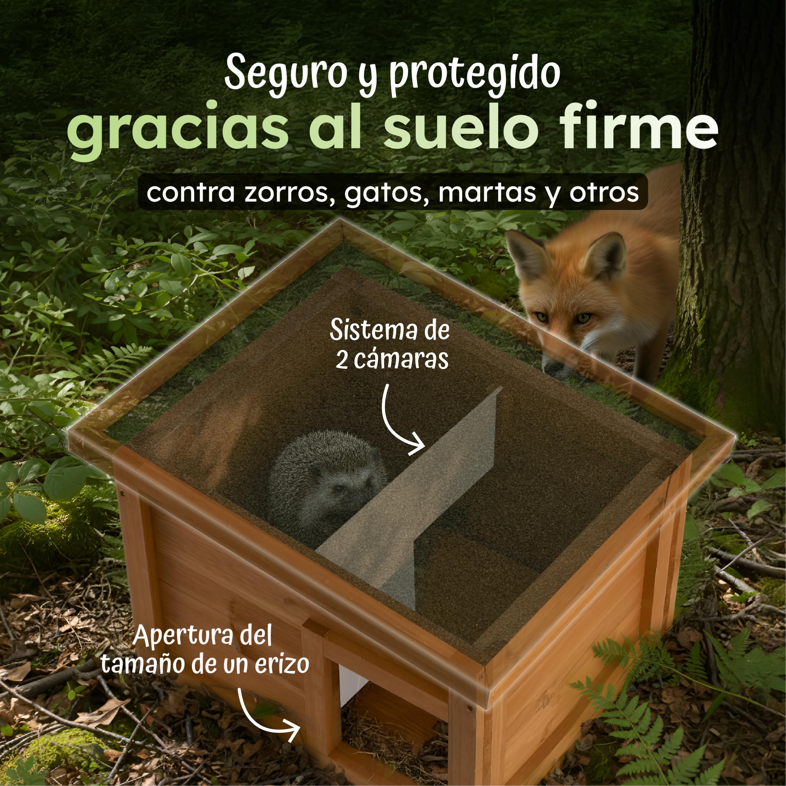 Moorland Casa de hibernación para erizos – Refugio de Invierno en Madera FSC 40×34 cm, Entrada laberíntica ventilada, Base, Techo extraíble, Resistente a la Intemperie para jardín