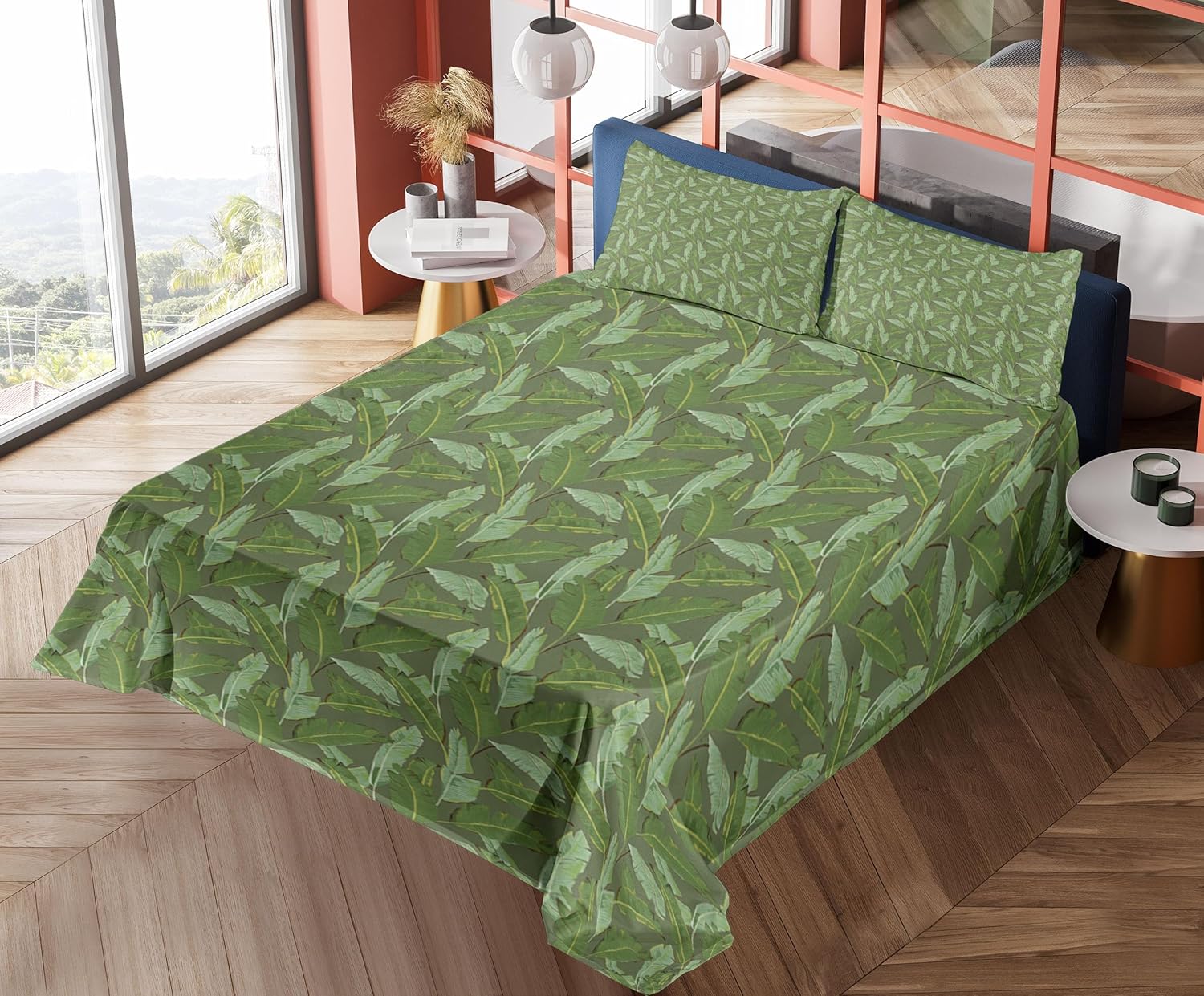 Ambesonne Banana Leaf Sheet Set, Tropical Palm Leaves with Overlapping Banana Leaves, Fitted and Flat Sheet with Pillowcases Bedding Accent 4 Piece Set, Queen, Green Olive