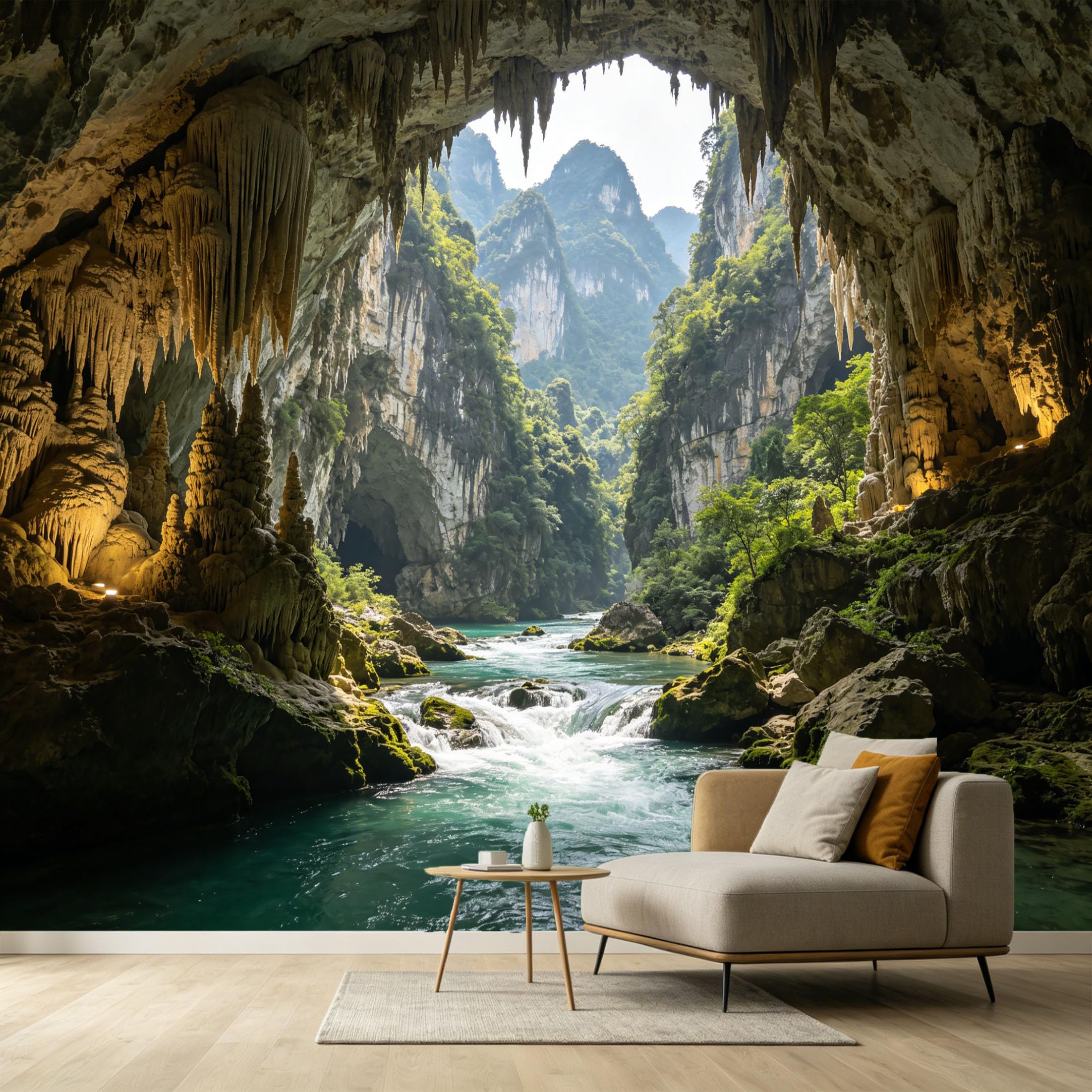 Custom Size Wall Murals Limestone Cave River Landscape Mountain Scenery 3D Trompe L'Oeil SelfAdhesive Wall Fabric Removable Large Wallpaper for Photo Living Room