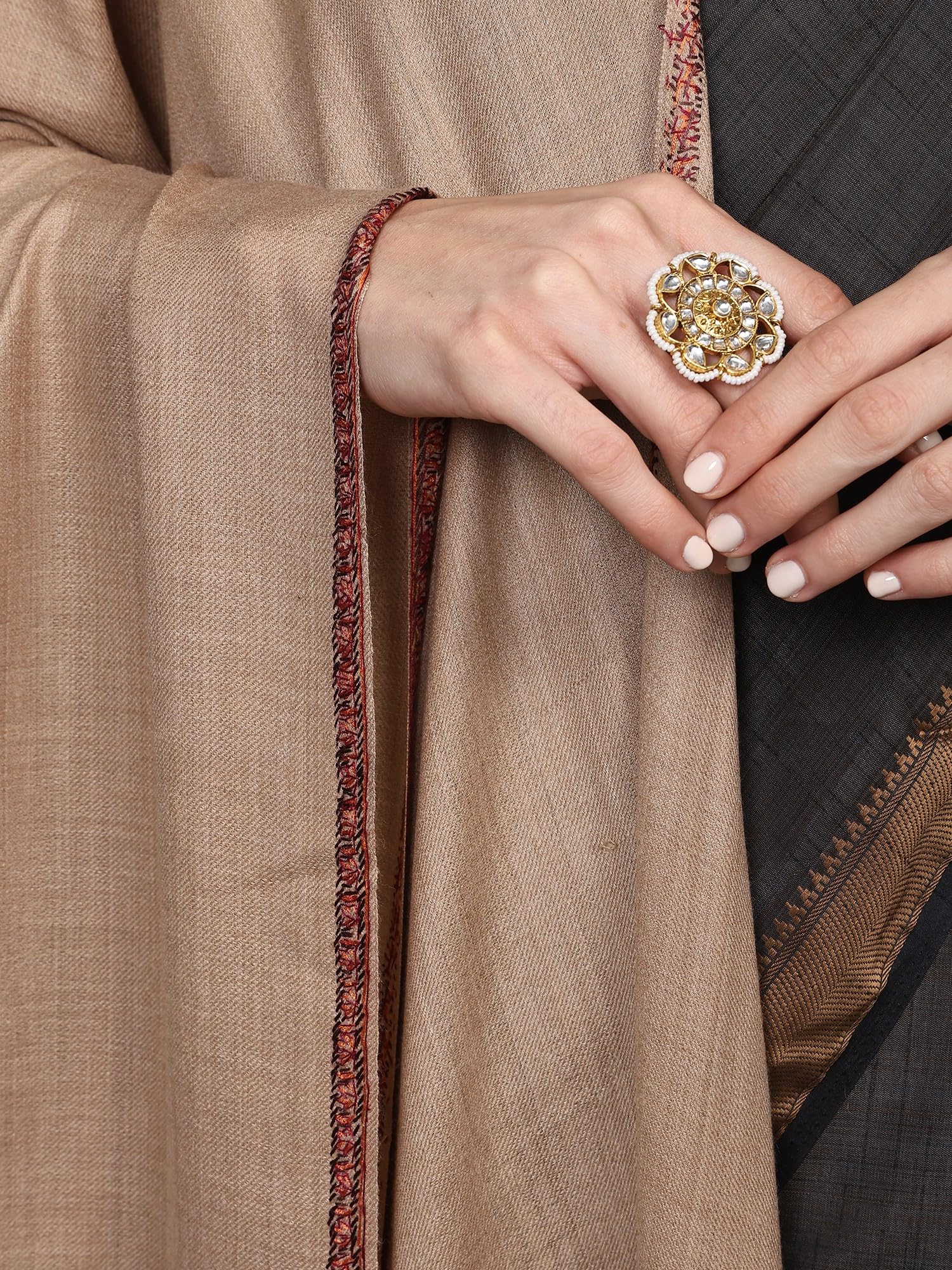 Exotic India Plain Kashmiri Kingri Shawl with Sozni Hand-Embroidery on Border