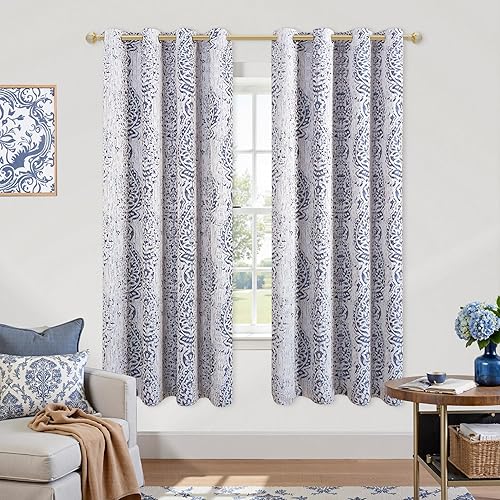 Miniatura 3 de KOUFALL Cortinas opacas bonitas con diseño, azul marino y gris blanco Ikat cortinas únicas para sala de estar, 63 pulgadas de largo
