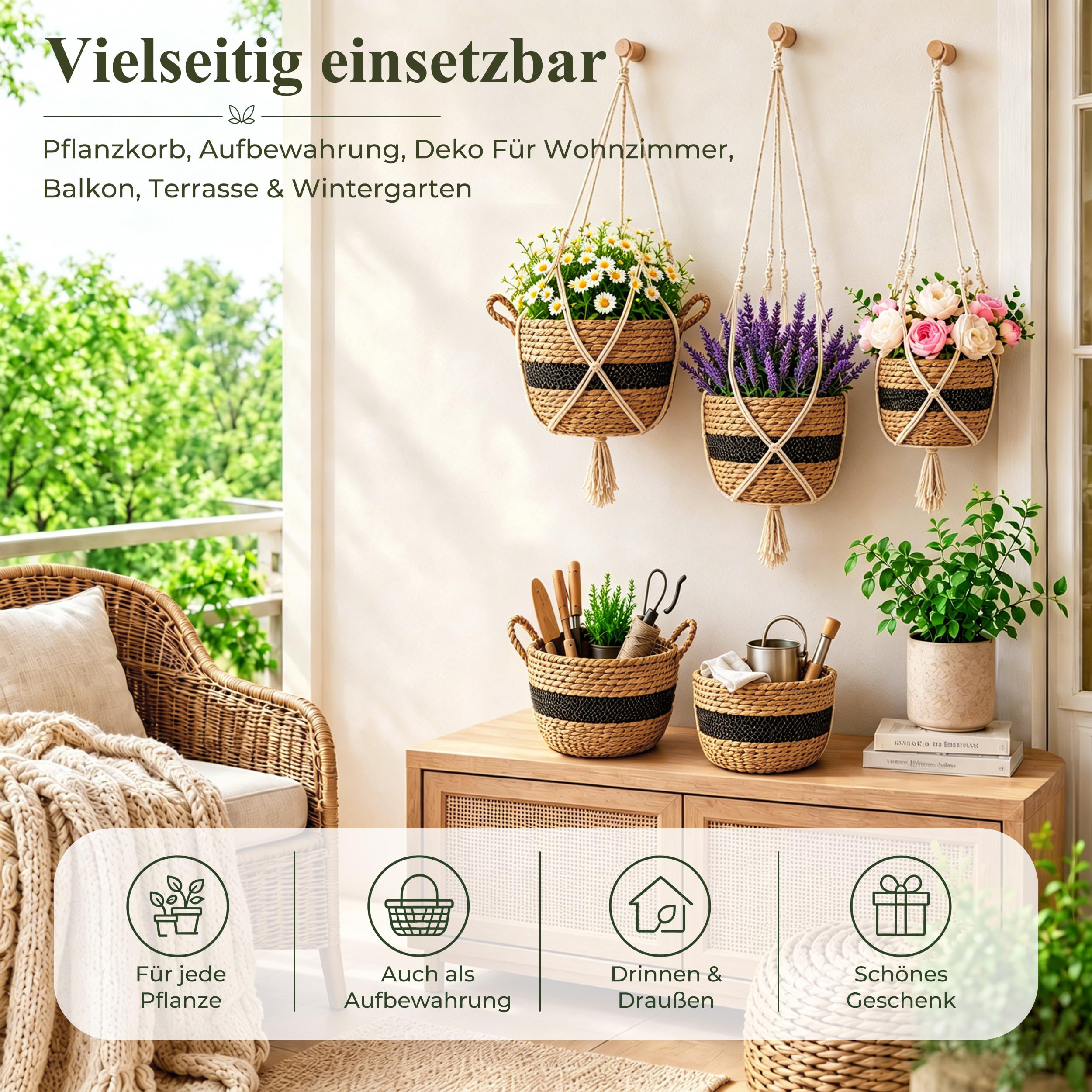 Lot de 3 pots de fleurs suspendus en jonc de mer - Matériau naturel tissé à la main - Panier de fleurs bohème avec corde en coton, crochet en métal et arroseur goutte à goutte - Pour intérieur