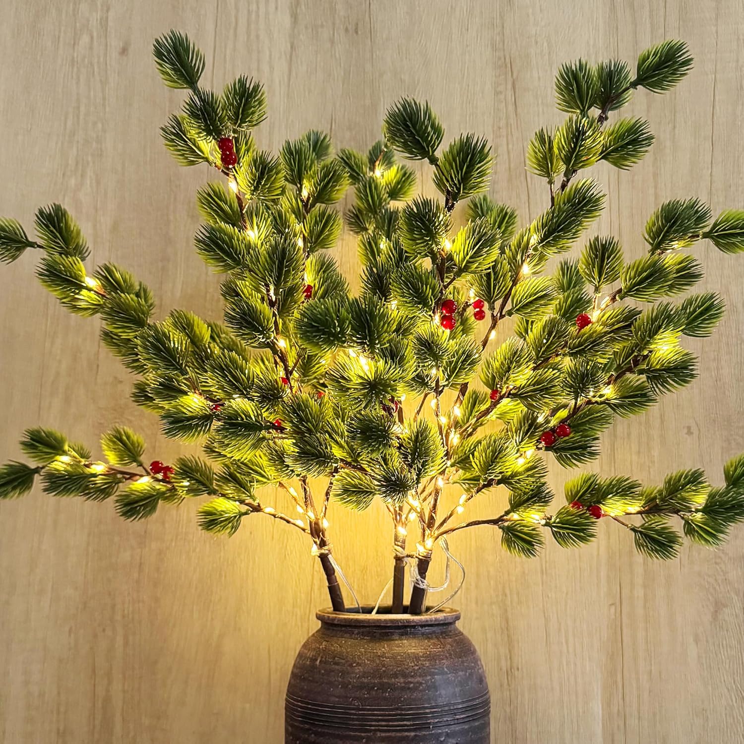 3 PCS Christmas Lighted Branches for Vases, 147 Lights with Pine Needles and Red Berries, Battery Operated, Timer, Handmade Artificial Evergreen Sprig Twinkle Trees for Indoor Outdoor