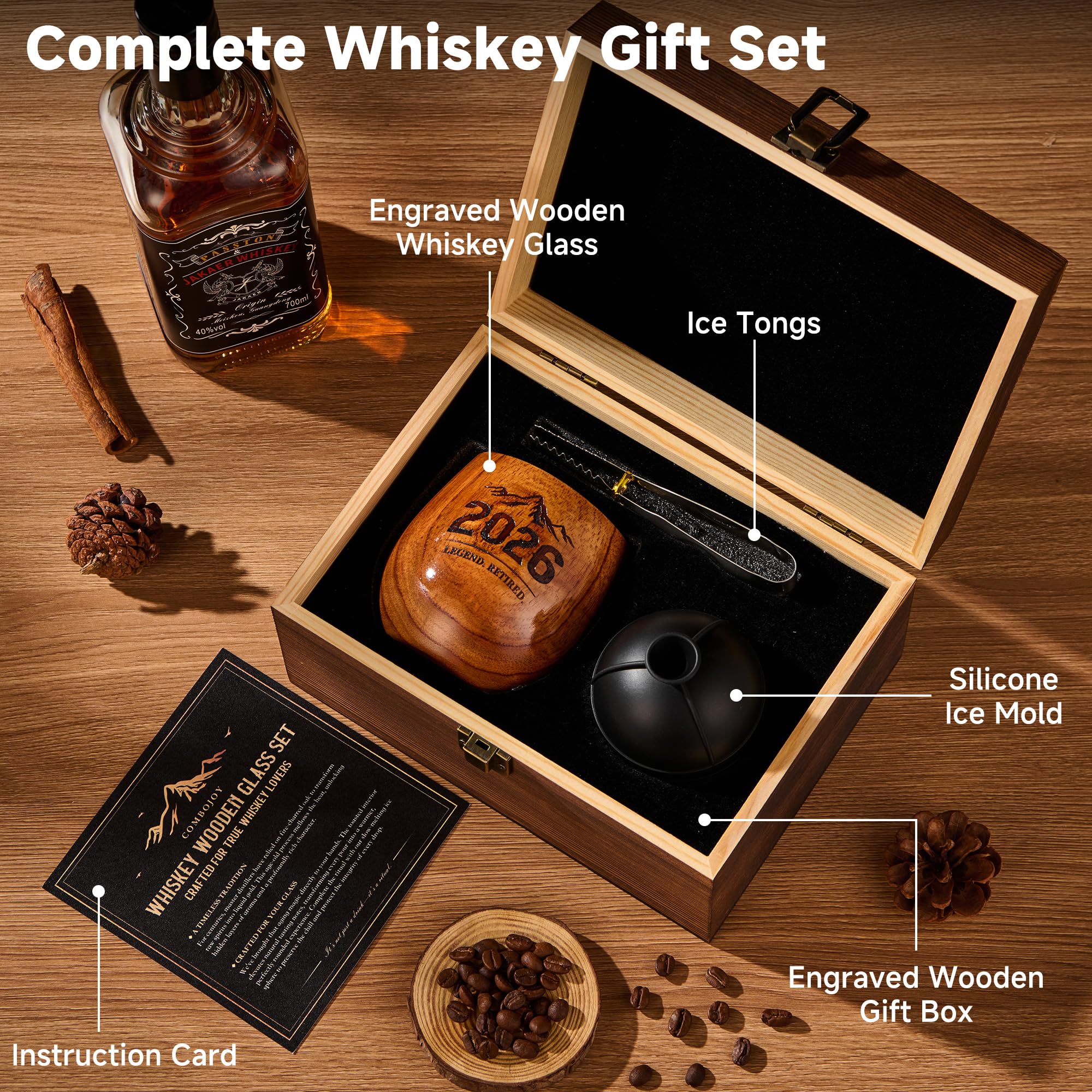 ComboJoy Regalos de jubilación para hombres – Juego de vasos de whisky de madera grabados Bourbon con caja de regalo, bandeja de hielo y pinzas | Regalo único para papá o marido