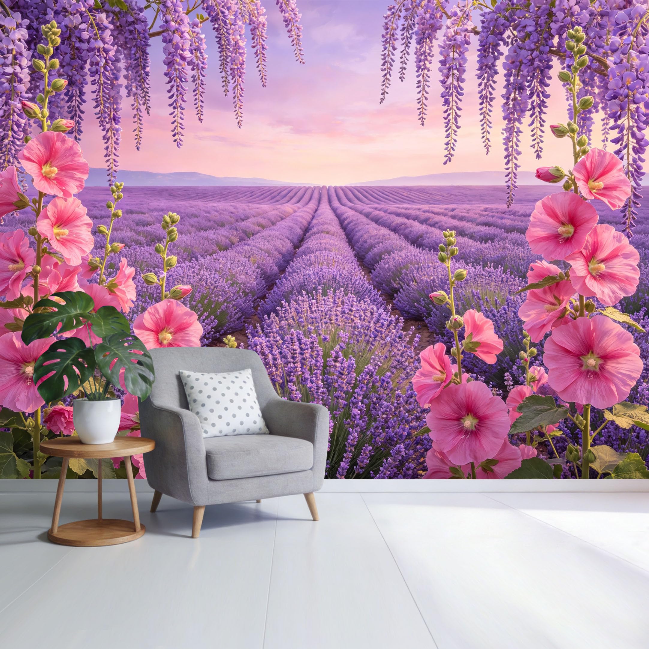 Custom Size Wall Mural Lavender Field with Pink Hollyhocks and Wisteria Sunset Landscape Botanical SelfAdhesive Wall Fabric Removable Wallpaper for Home Office Decor
