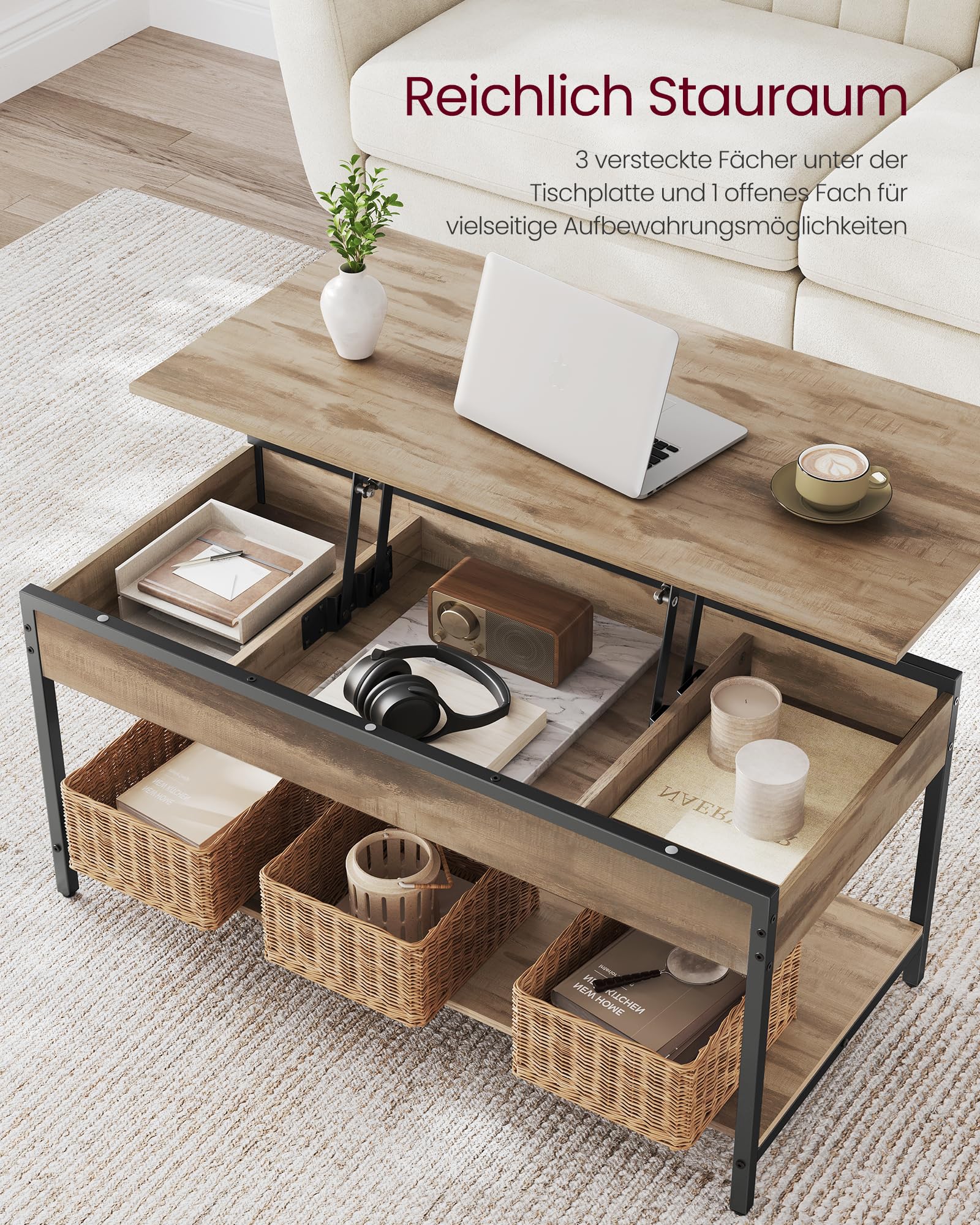 VASAGLE Couchtisch, höhenverstellbarer Wohnzimmertisch, Kaffeetisch, mit offenem Fach und versteckten Fächern, 50 x 100 cm, Kamelbraun-tintenschwarz LCT261LB02
