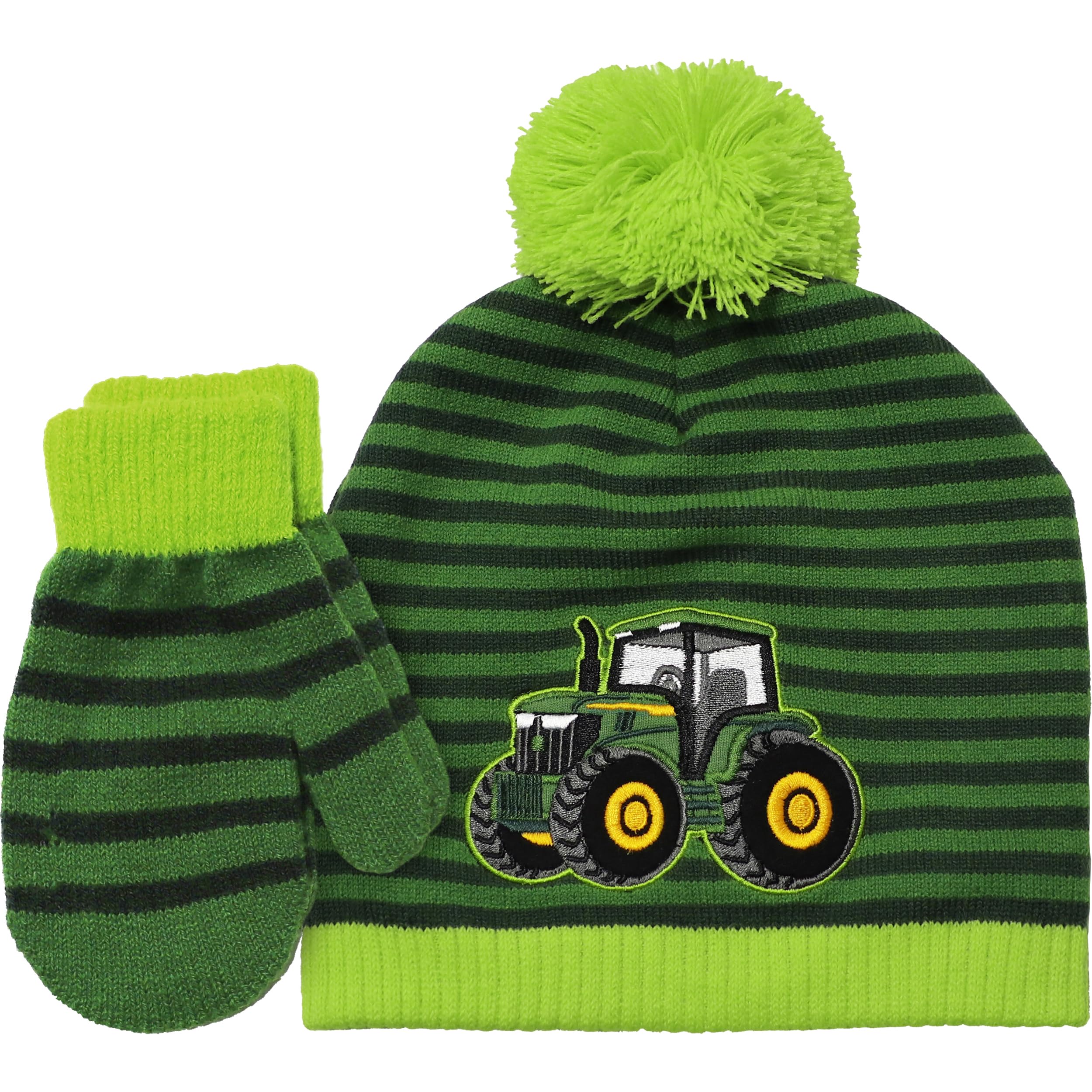 John DeereChildren's Knitted Hat Tractor Mittens Green Striped Acrylic, Green, 47-52