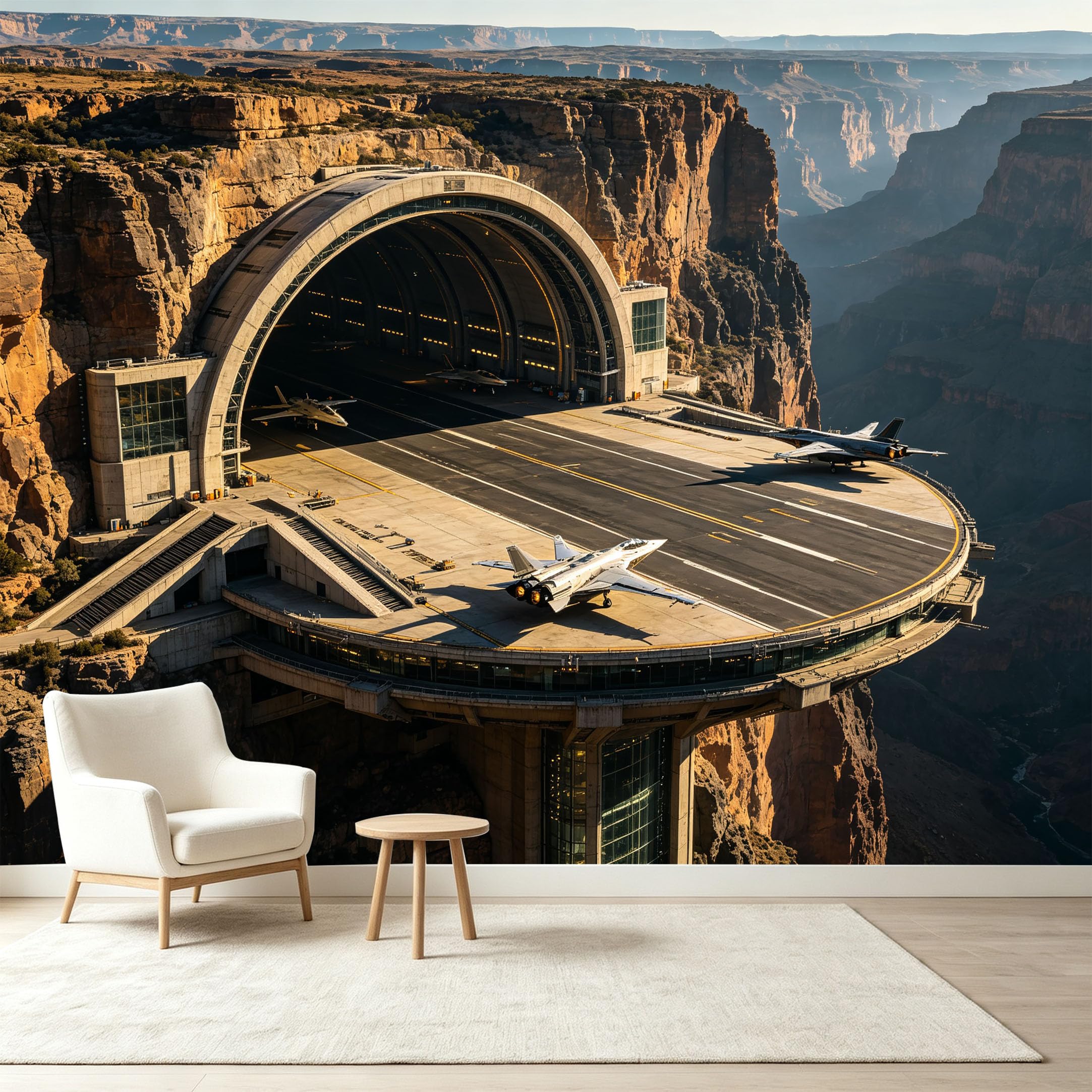Custom Size Wall Murals Futuristic Canyon Airbase Jet Aircraft 3D Trompe L'Oeil Self-Adhesive Wall Fabric Removable Wallpaper Wall Decor for Living Room Bedroom Bathroom