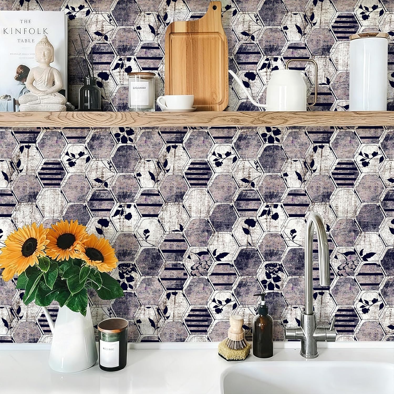 Peel and Stick Moody Vintage Wallpaper Removable Botanical Leaf Geometric Textured 17.7" x 236.22" Wall paper Watercolor Self Adhesive Contact Paper for Classroom Bedroom laundry room bathroom