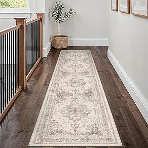 Runner Rug 3x8 Beige Hallway Washable Carpet Non Slip Vintage Medallion Carpet Low Pile Soft Distressed Retro Indoor Long Rug for Entryway Kitchen Bathroom Laundry Bedroom