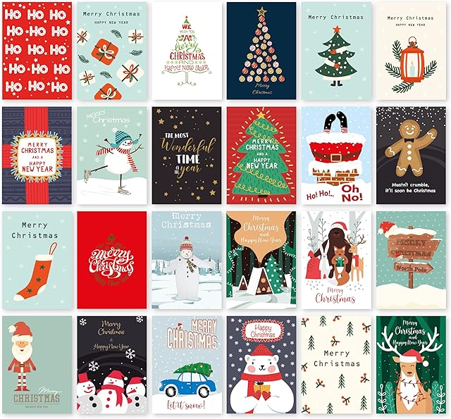 Charity Christmas Cards Pack of 24. Each Christmas Card multipack has 24 different Mixed designs. Ecofriendly and UK made. Blank Inside. A6 (105 x 148mm) card size. By Absolutely Yours.