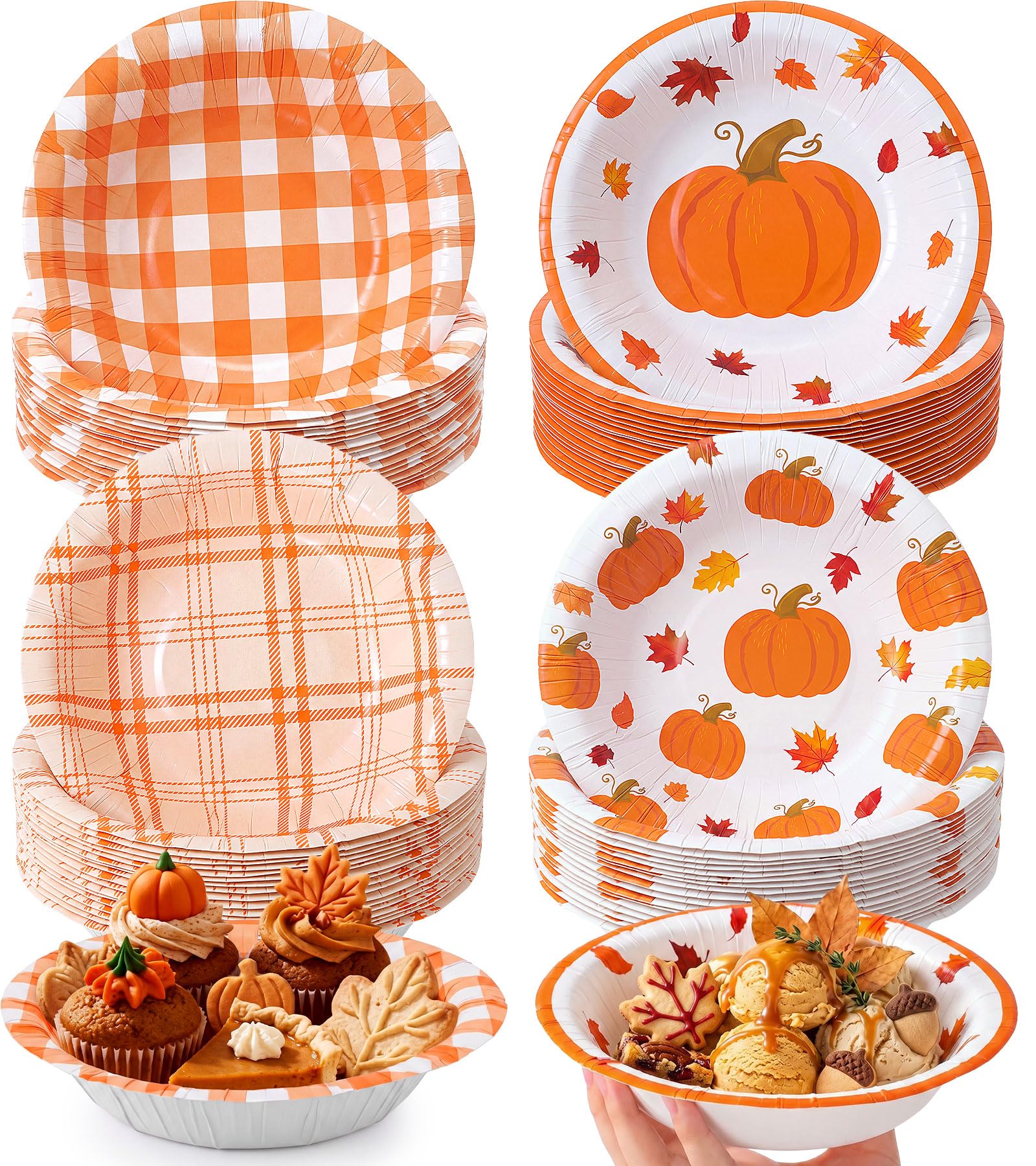Sawysine 50 Pcs 16 oz Fall Paper Disposable Bowl, Pumpkin &amp; Orange Plaid