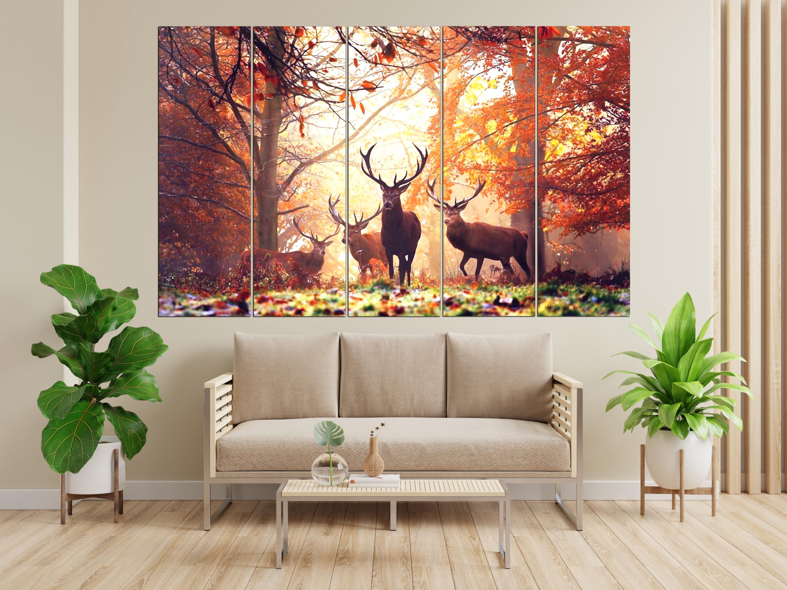 KYARA ARTS Multiple Frames, Beautiful Deers Nature Wall Painting for Living Room, Bedroom, Office, Hotels, Drawing Room Wooden Framed Digital Painting (50inch x 30inch) (Design-1)