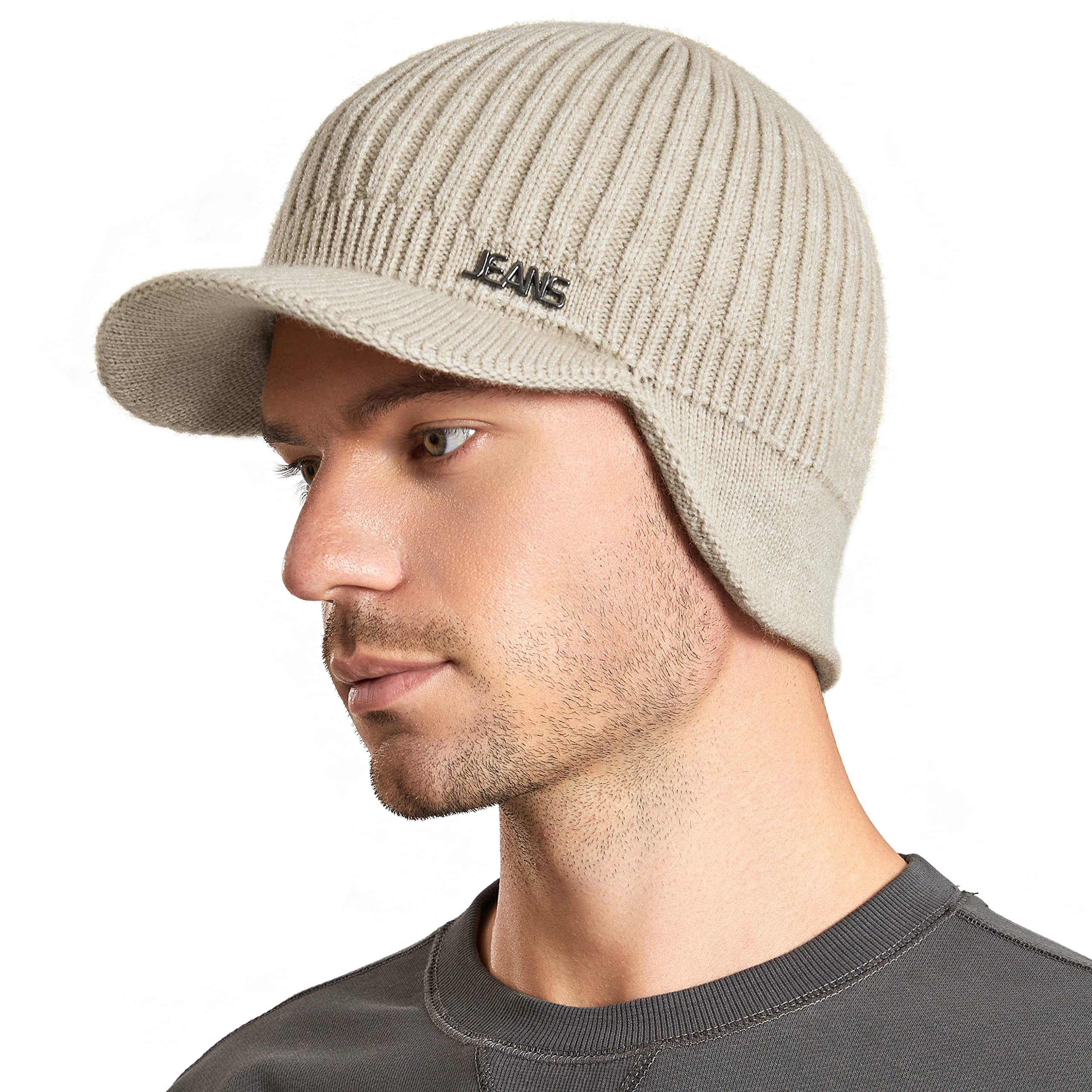 MuryobaoMuryobao Mens Winter Beanie Visor Hat Warm Knitted Brim Hat Thick  Knit Earflap Baseball Cap for Outdoor Sport