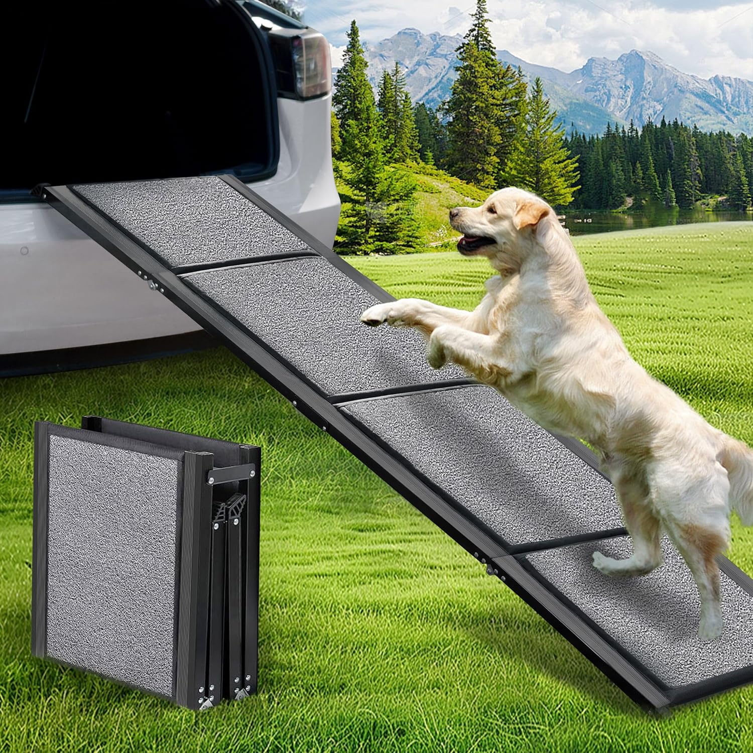 BACOENG Dog Ramp for Car, 71" Long & 17" Wide Foldable Pet Ramp Dog Ramps for Large Dogs with Non-Slip Rug Surface, Portable Outdoor Dog Car Ramp for SUV Car & Truck, Up to 250LBS 71" L x 17.2" W