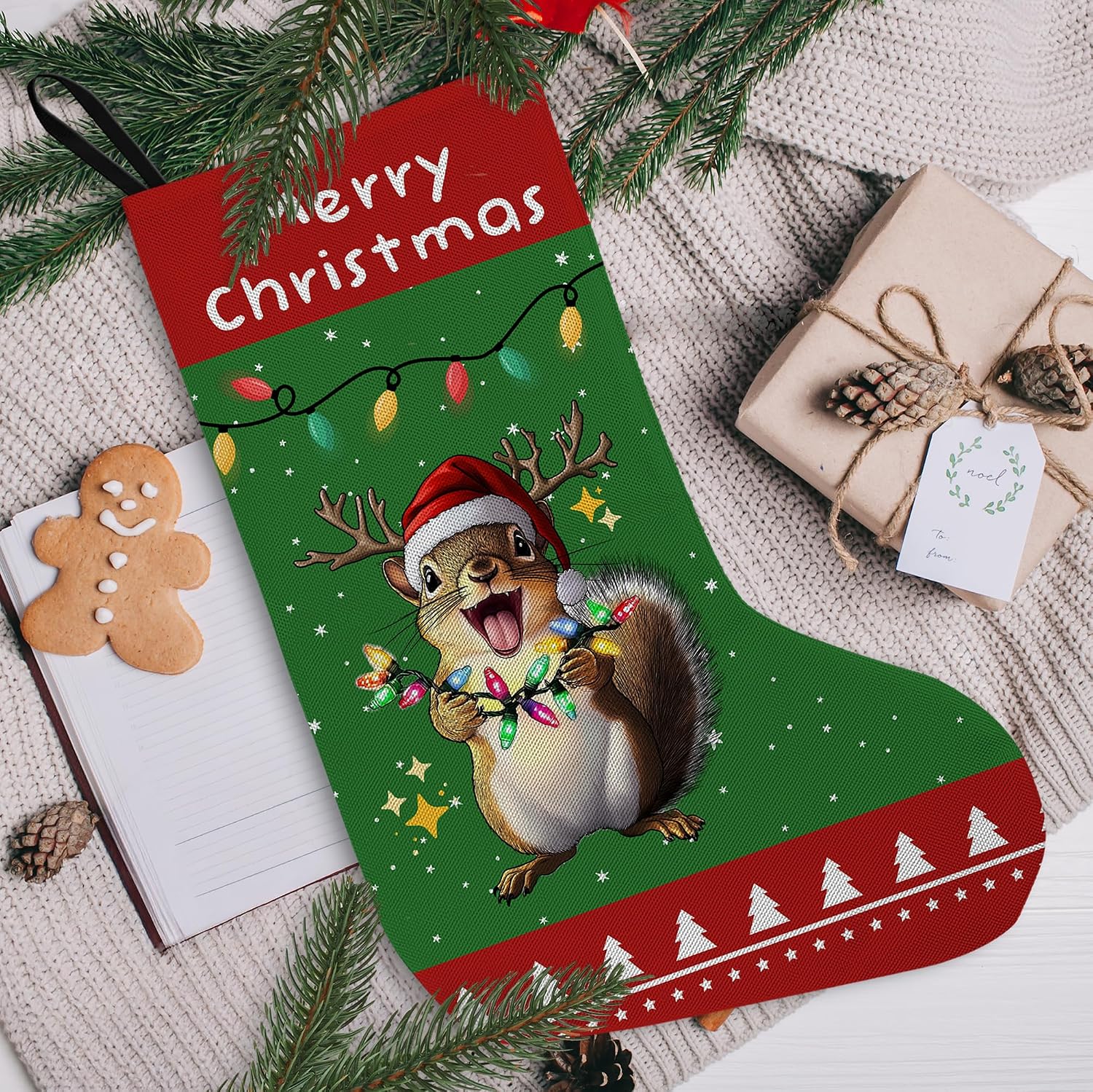 Squirrel Kids Light Christmas Stocking, Squirrel Xmas Decor, Squirrels Xmas Stockings, Squirrels Red and Green Christmas Stocking Gifts Decorations for Fireplace Animal Lover, 18 Inches