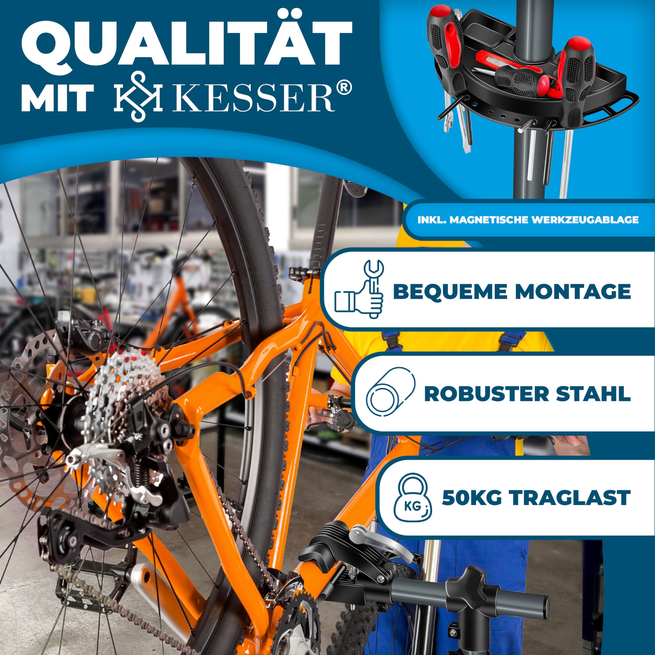 KESSER® Fahrradmontageständer Profi 50kg - 360° drehbar für E-Bike, Mountainbike & Fahrrad, höhenverstellbarer Reparaturständer, mit Werkzeugablage, Tragetasche & Schnellspanner