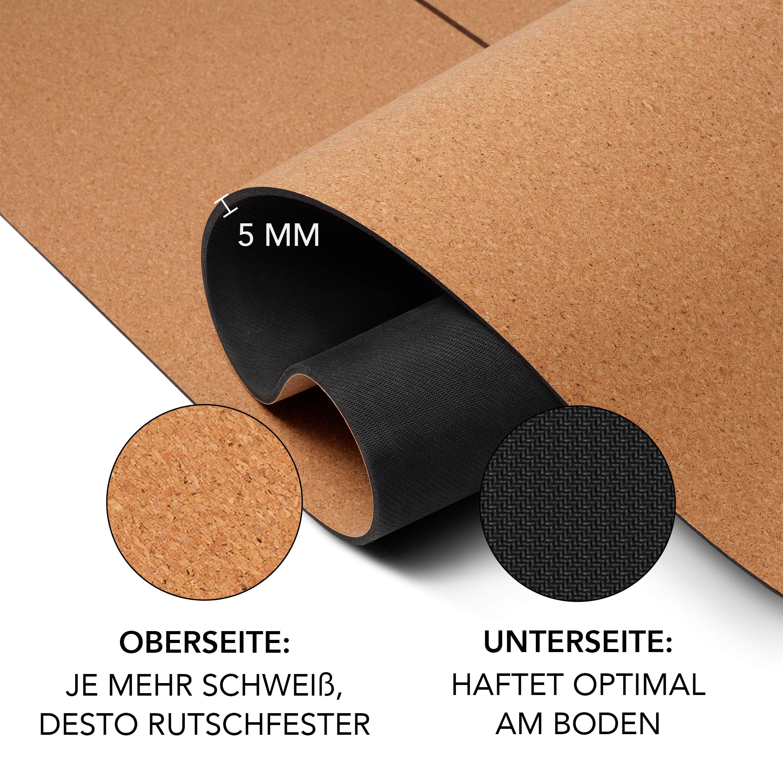Premium Yogamatte Hochwertige rutschfeste Fitnessmatte mit praktischem Tragegurt - aus natürlichem Rohstoff, 100% Natur Kork - Gymnastikmatte Sportmatte für Yoga Pilates - Yoga Matte