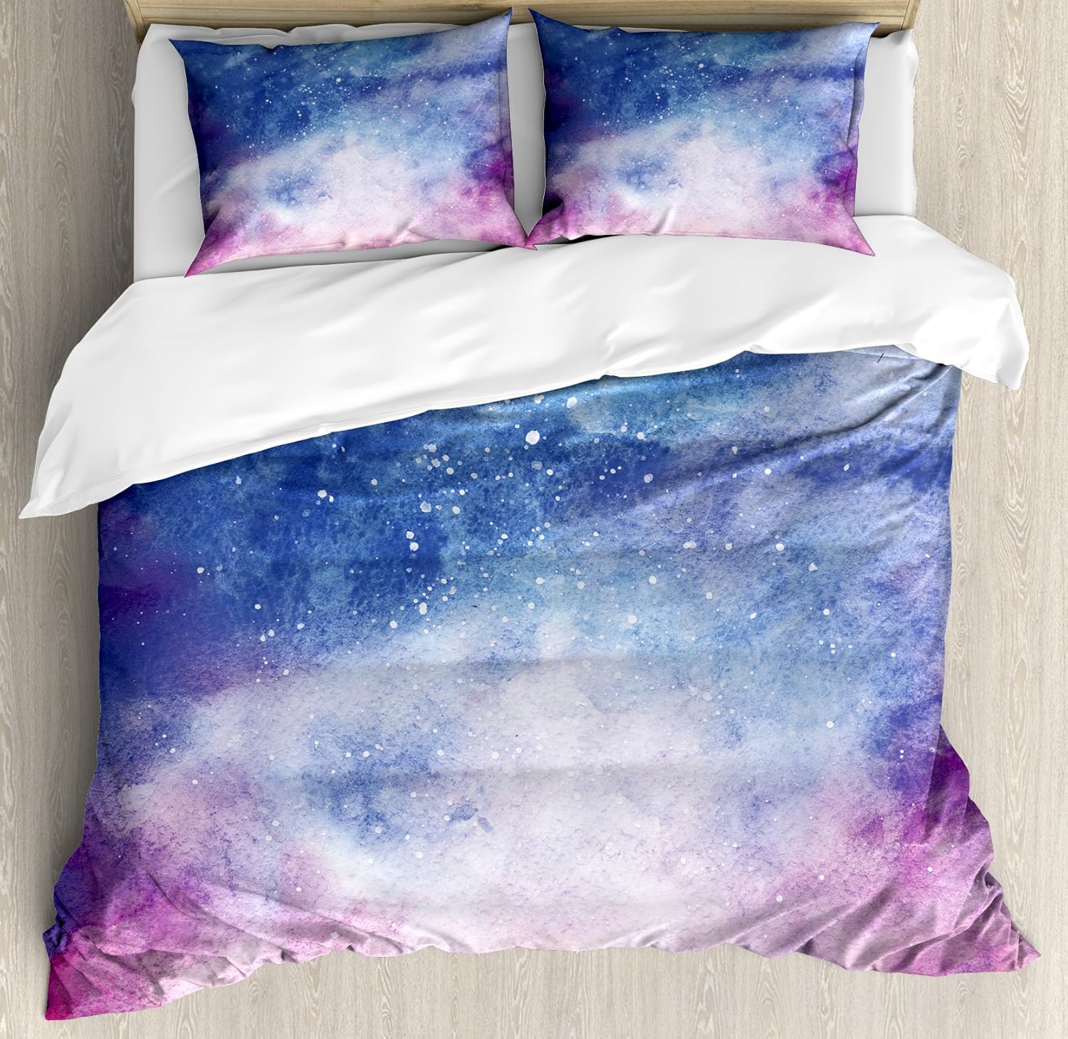 Ambesonne Navy and Blush Duvet Cover Set, Watercolor Style Starry Space Galaxy Nebula Abstract Cosmos Inspired, Decorative 3 Piece Bedding Set with 2 Pillow Shams, Queen Size, Blue Pink Salmon