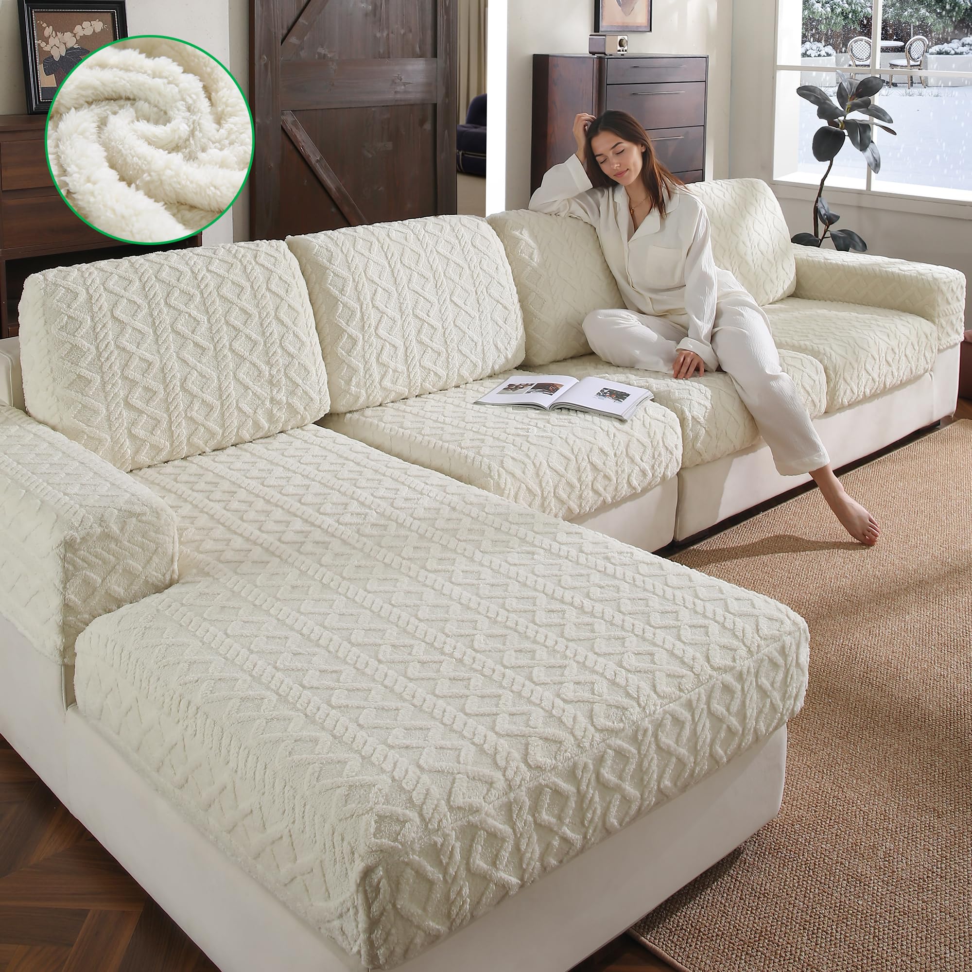 OHSIO Sofa Überzug – Elastischer & Waschbarer Sofabezug, Weicher Langlebiger Couchbezug für Sitzkissen & Wohnzimmermöbel(Elfenbein, 1x Chaiselongue-Bezug)