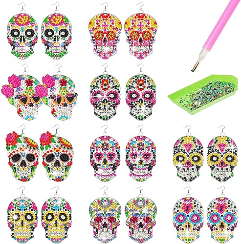 Juego de 10 pares de aretes de diamantes 5D con forma de calavera para el Día de los Muertos, pintura de diamantes para mujeres, México, aretes de