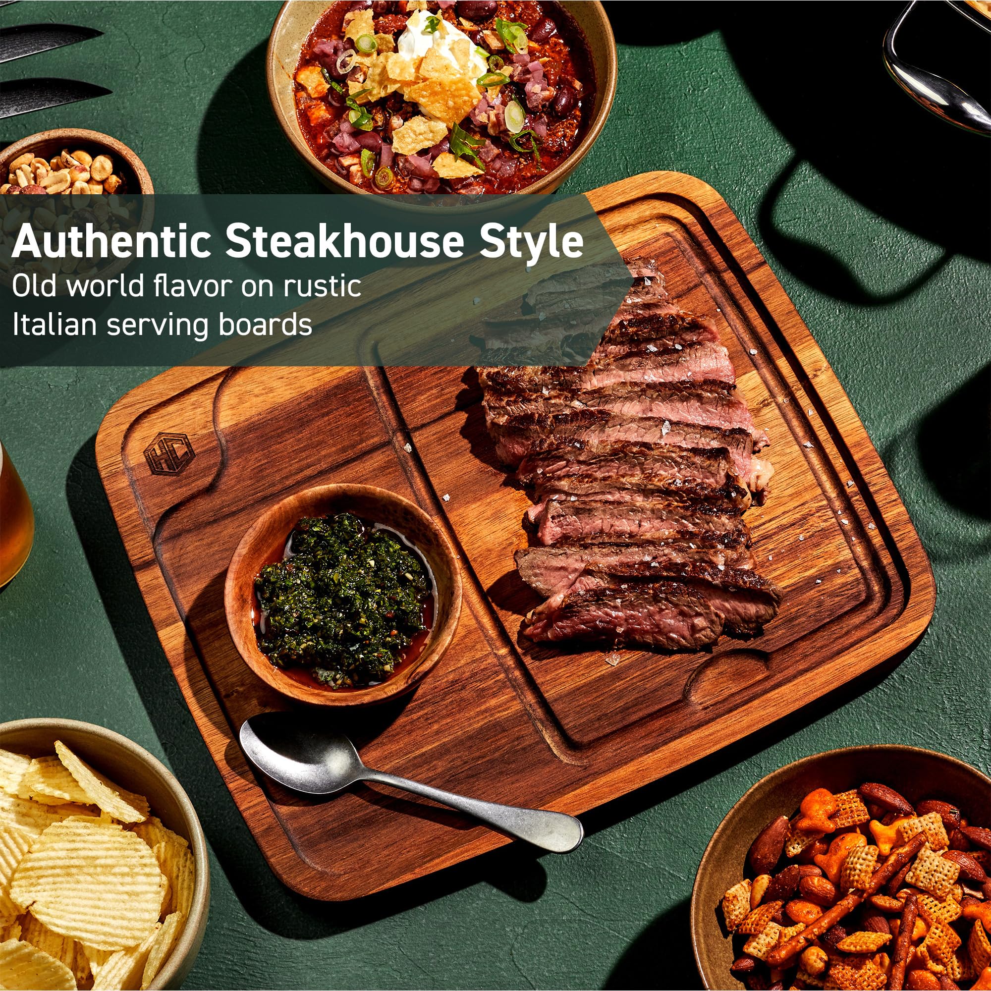 HexClad Cookware Lot de 4 assiettes à steak carrées en bois Bistecca avec canal à jus pour viandes, faciles à nettoyer, légères et durables